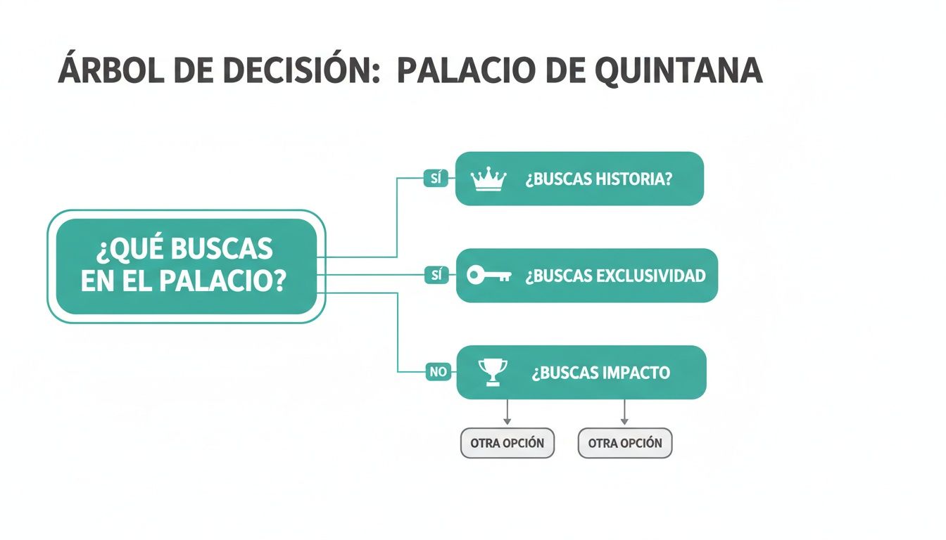 Diagrama de árbol de decisión sobre el Palacio de Quintana, preguntando al visitante qué busca.