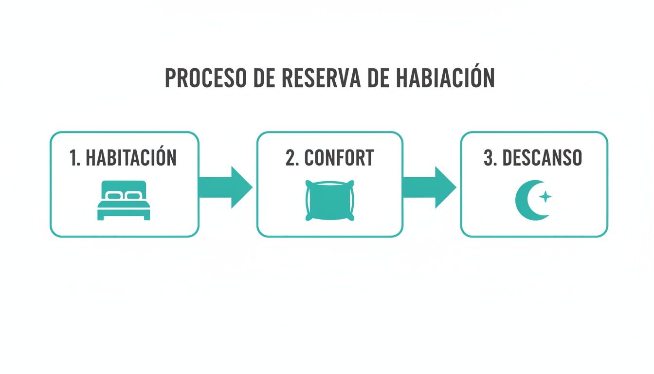 Diagrama de flujo que ilustra el proceso de reserva de habitación en tres pasos: habitación, confort y descanso.