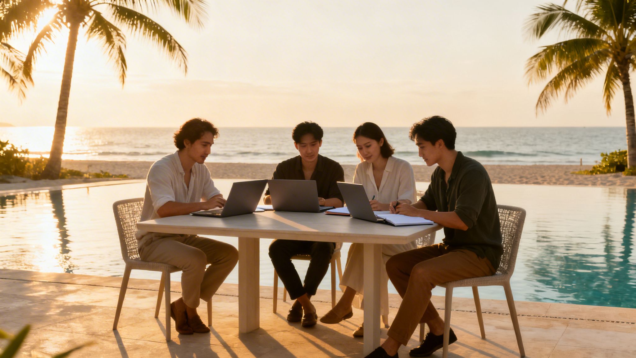 Grupo de colegas trabajando con computadoras portátiles en un entorno tropical al atardecer junto al mar.