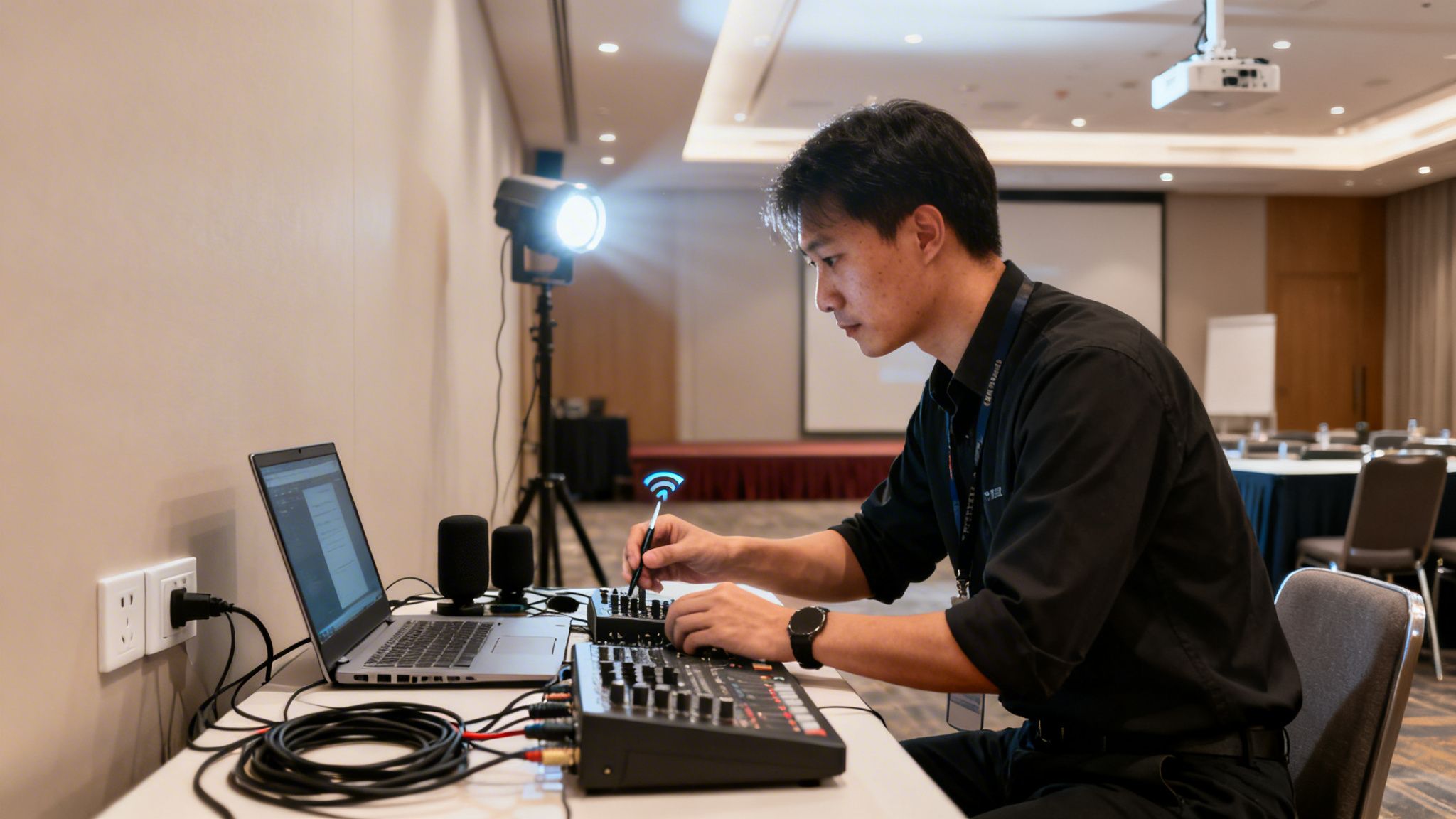 Hombre operando equipos de sonido y un portátil en un centro de negocios, con una luz brillante y equipos de producción.