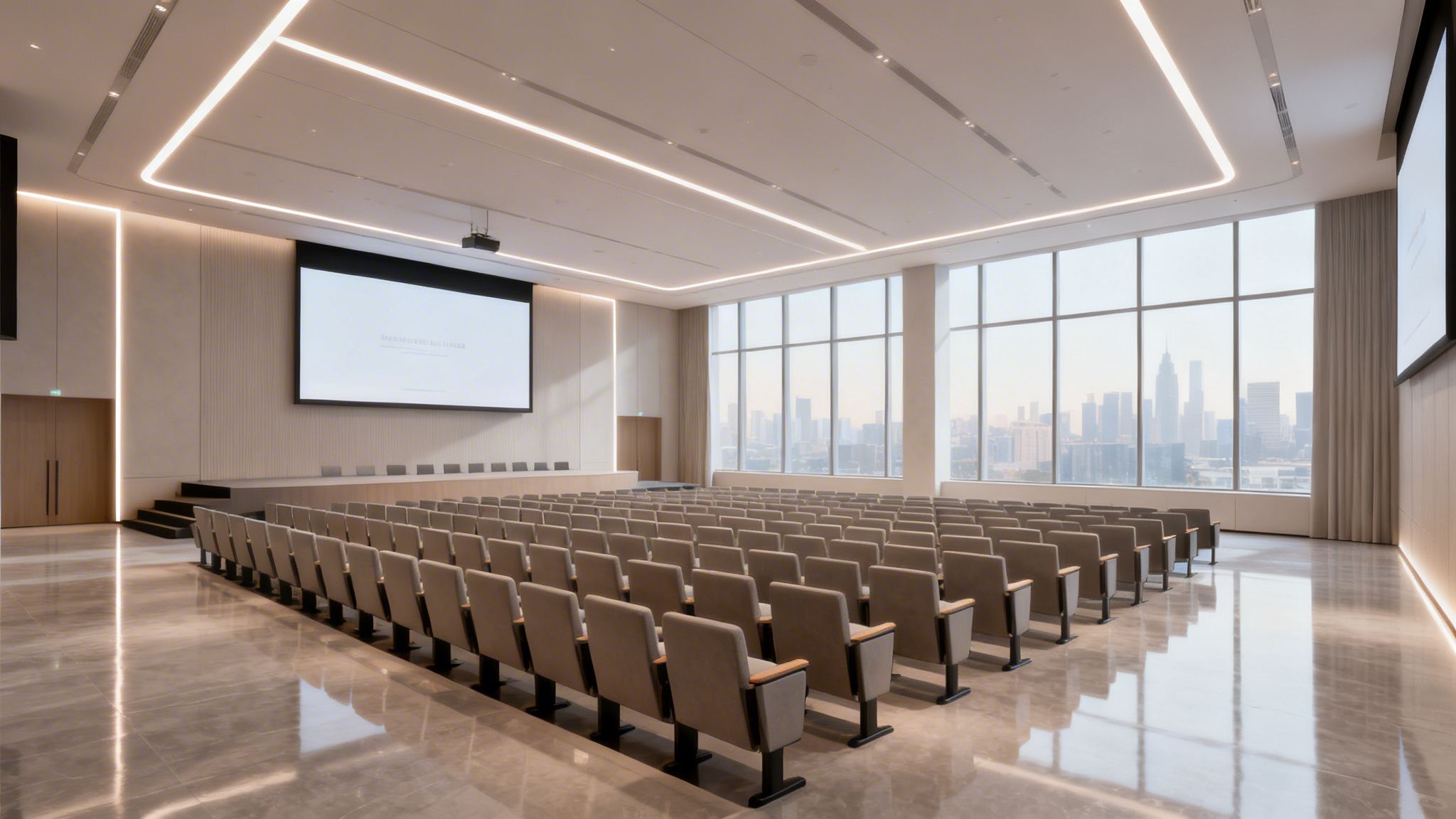 Gran auditorio moderno con filas de asientos, pantalla grande y vistas a la ciudad.