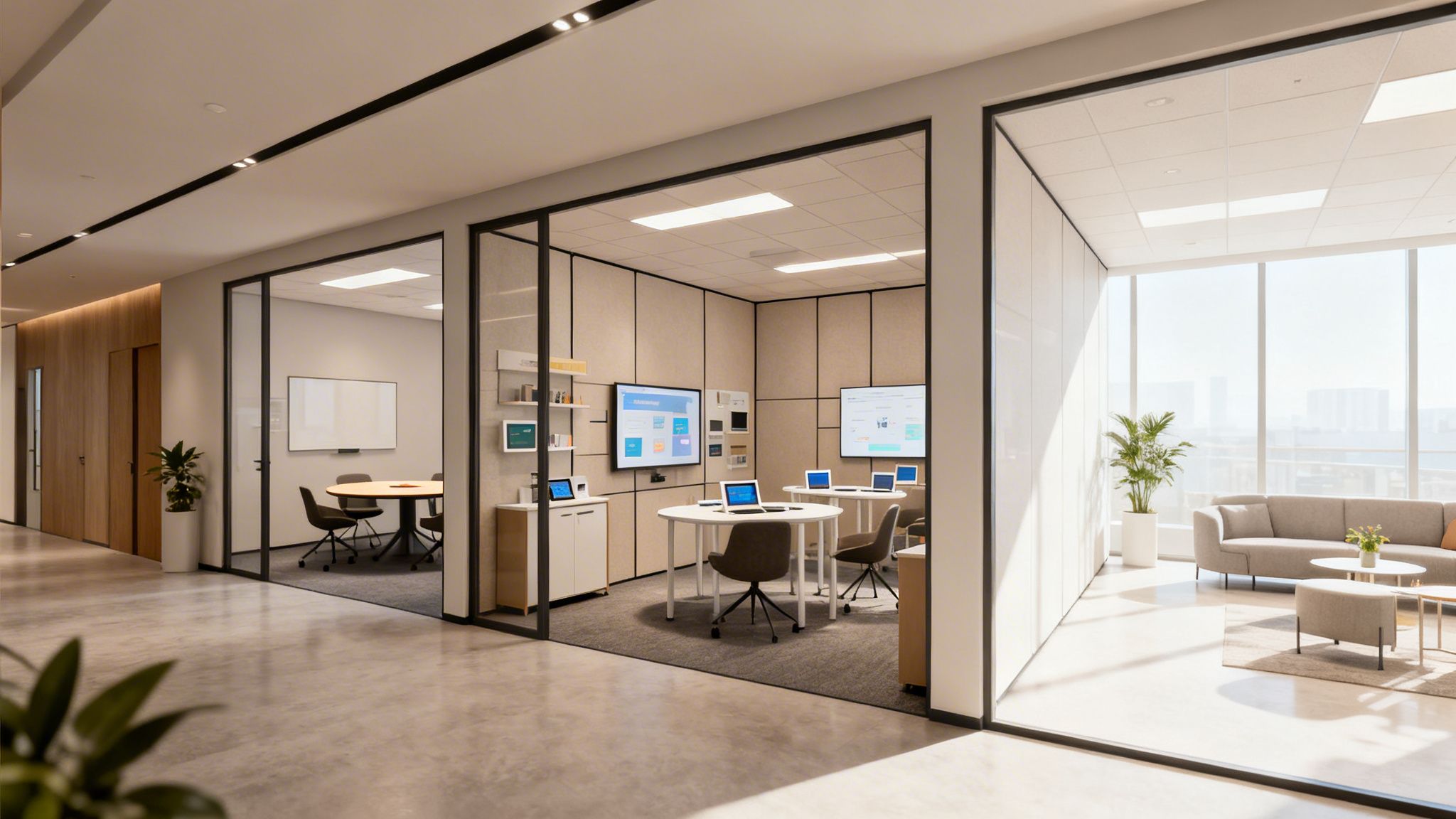 Moderno pasillo de oficina con salas de reuniones de vidrio y un área de descanso.