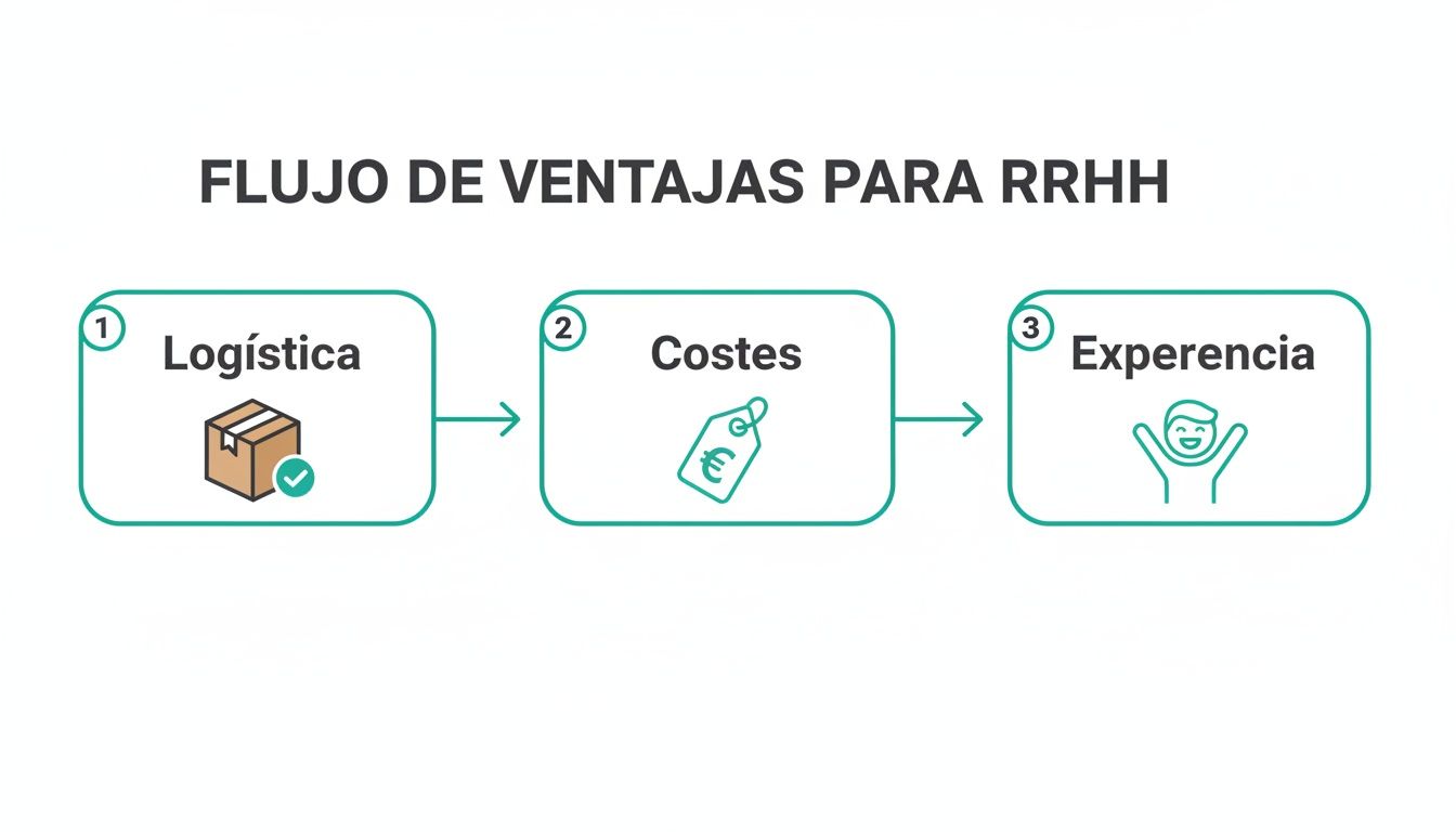 Diagrama de flujo que ilustra las ventajas para RRHH: Logística, Costes y Experiencia, con iconos.