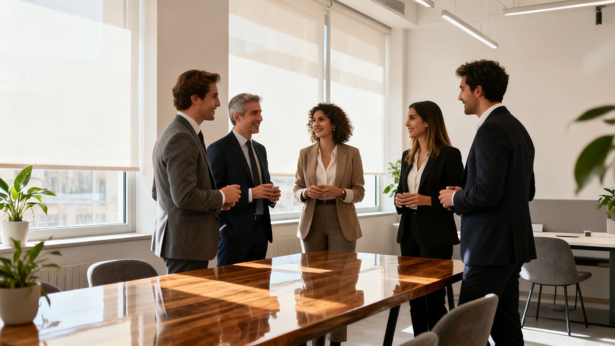 Cinco profesionales de negocios sonrientes conversando en una oficina luminosa con una mesa de conferencias.