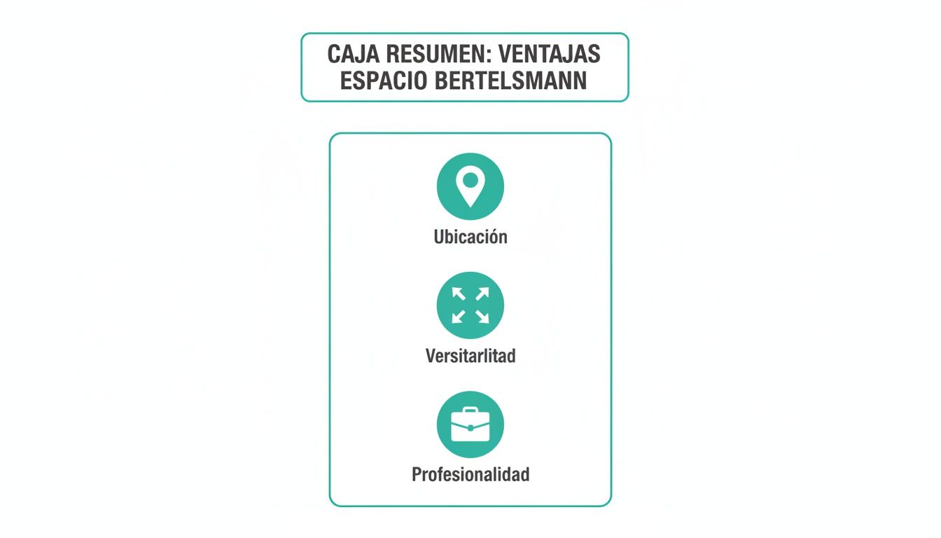 Resumen visual de las ventajas de Espacio Bertelsmann: ubicación, versatilidad y profesionalidad.