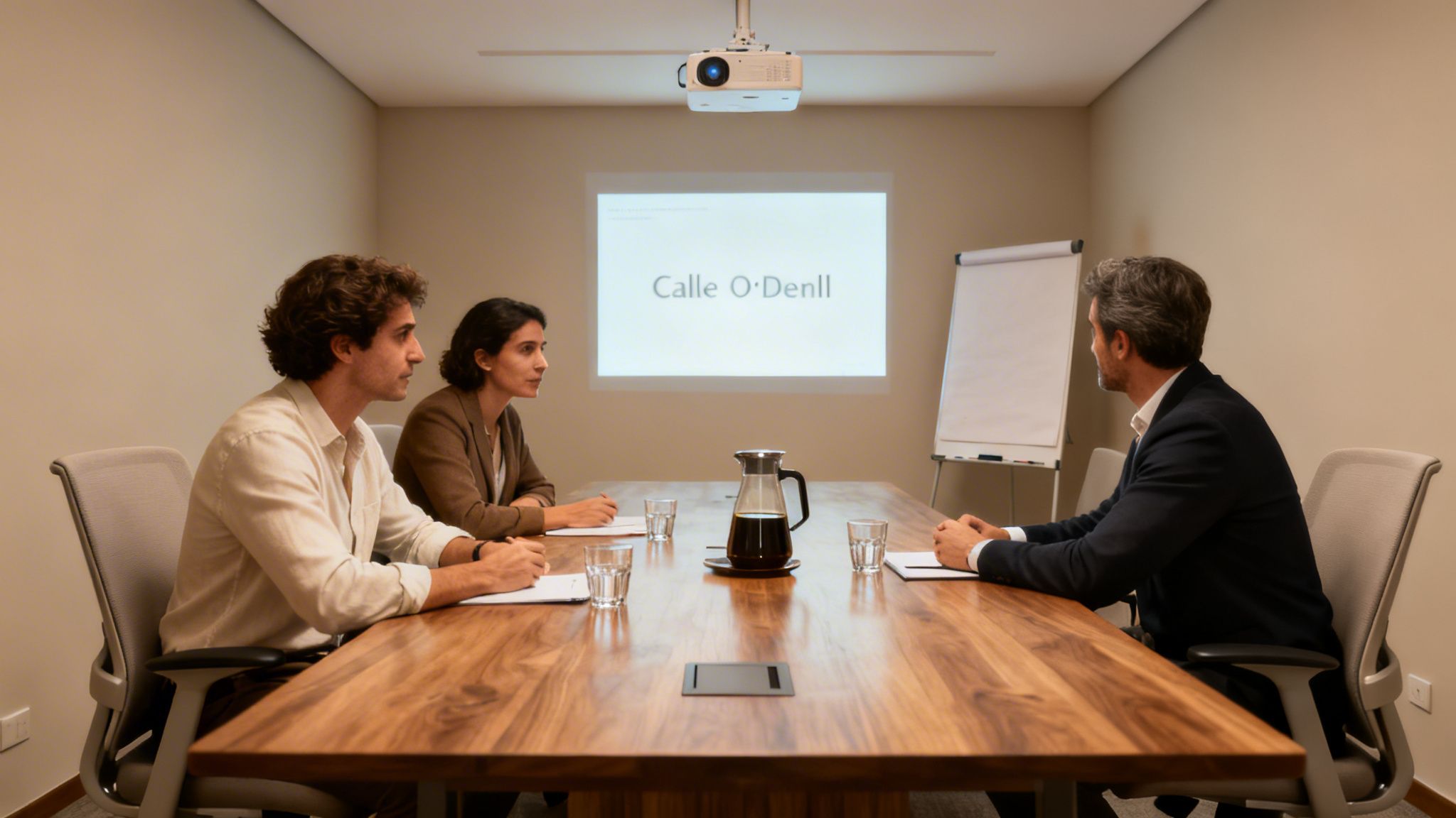 Tres personas en una sala de reuniones, viendo una presentación proyectada en una pantalla con el texto 'Calle O'Denll'.