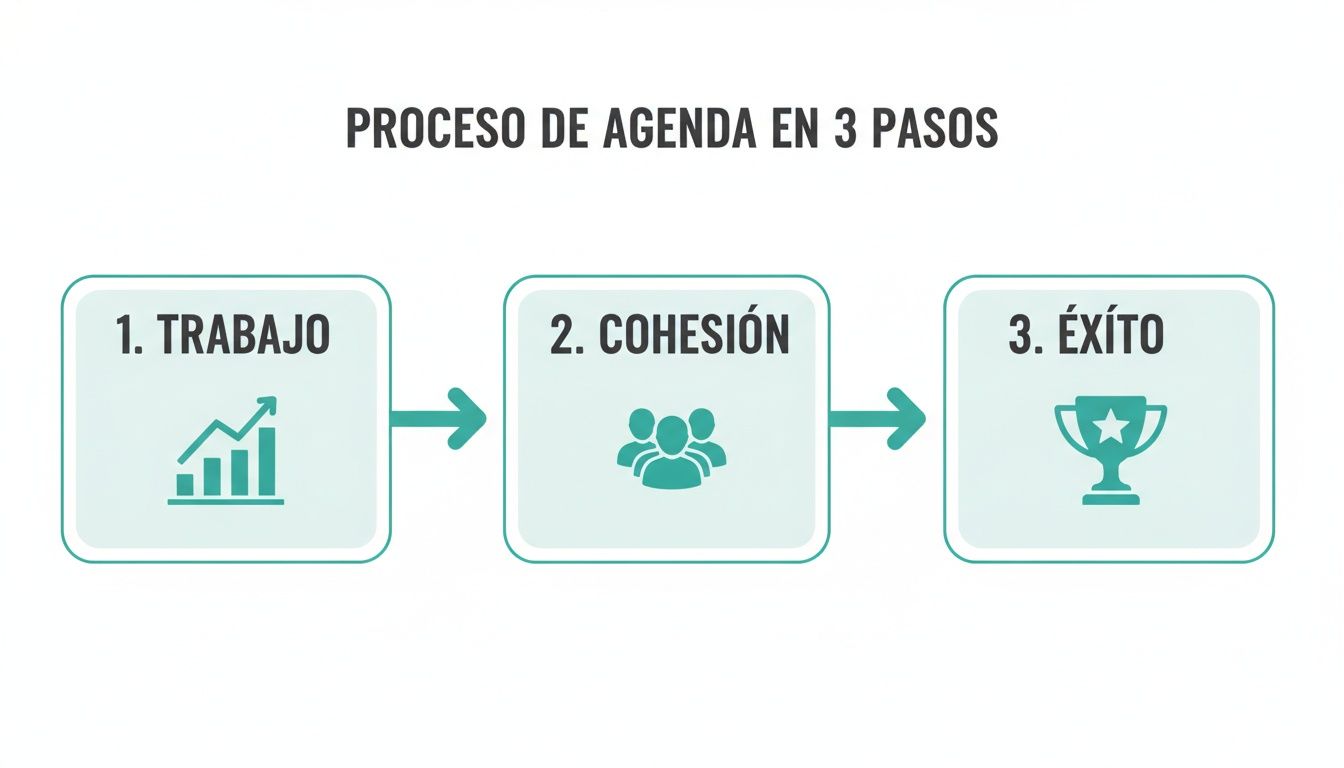 Diagrama de flujo que muestra el proceso de agenda en 3 pasos: trabajo, cohesión y éxito.