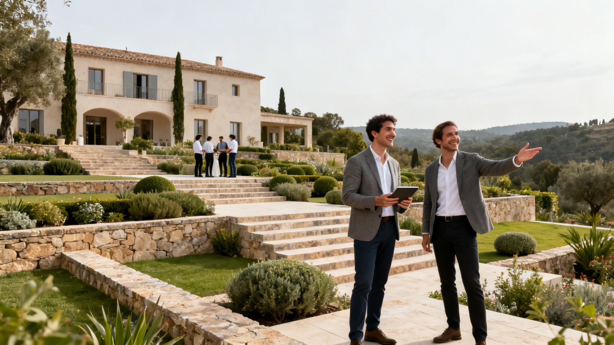 Dos hombres de negocios sonrientes frente a una mansión y jardines, uno mostrando la propiedad.