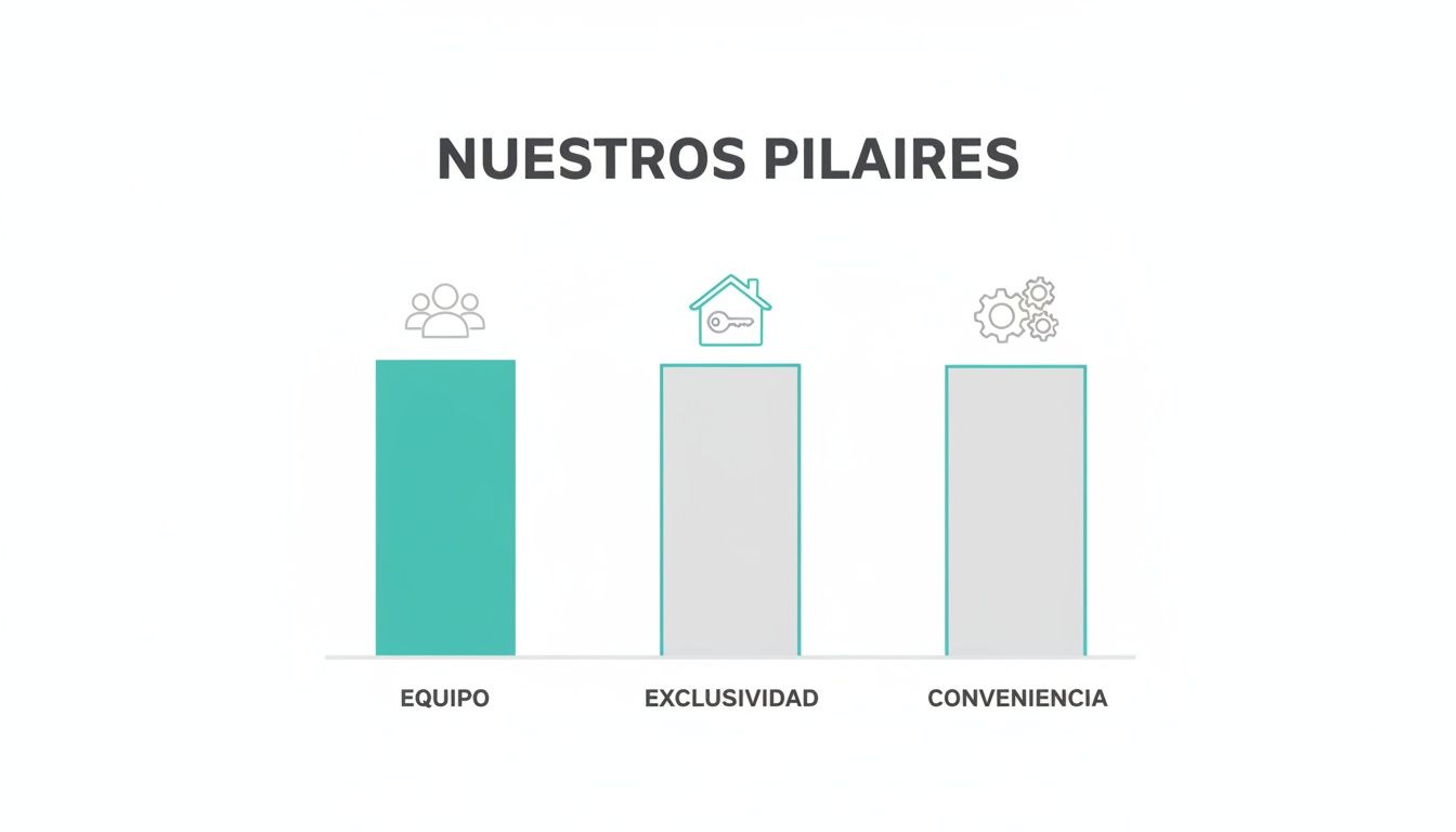 Infografía que muestra los tres pilares de la empresa: Equipo, Exclusividad y Conveniencia, destacando el primero.