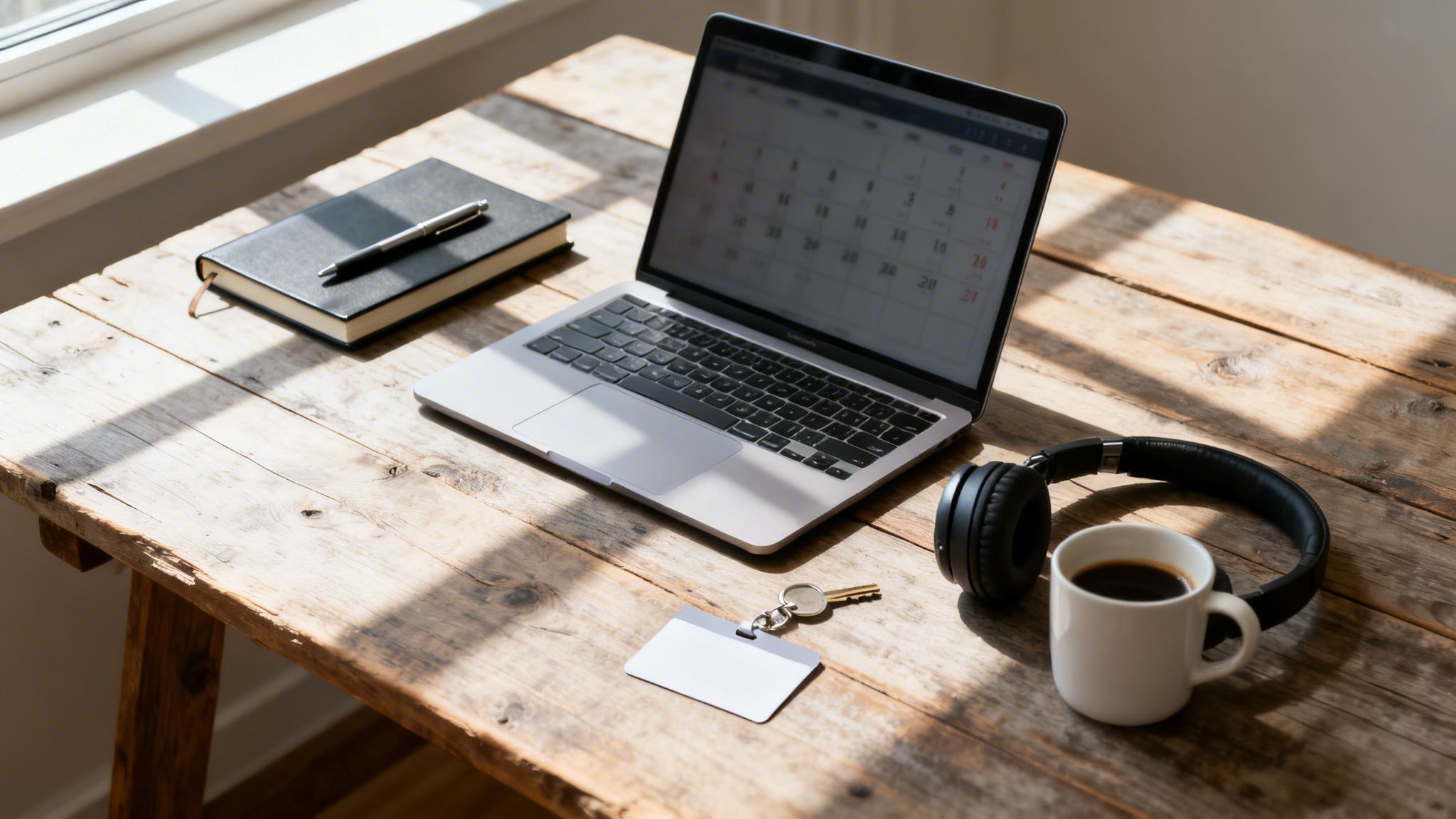 Un escritorio de madera con un portátil abierto, cuaderno, auriculares, taza de café y llaves, bajo luz natural.