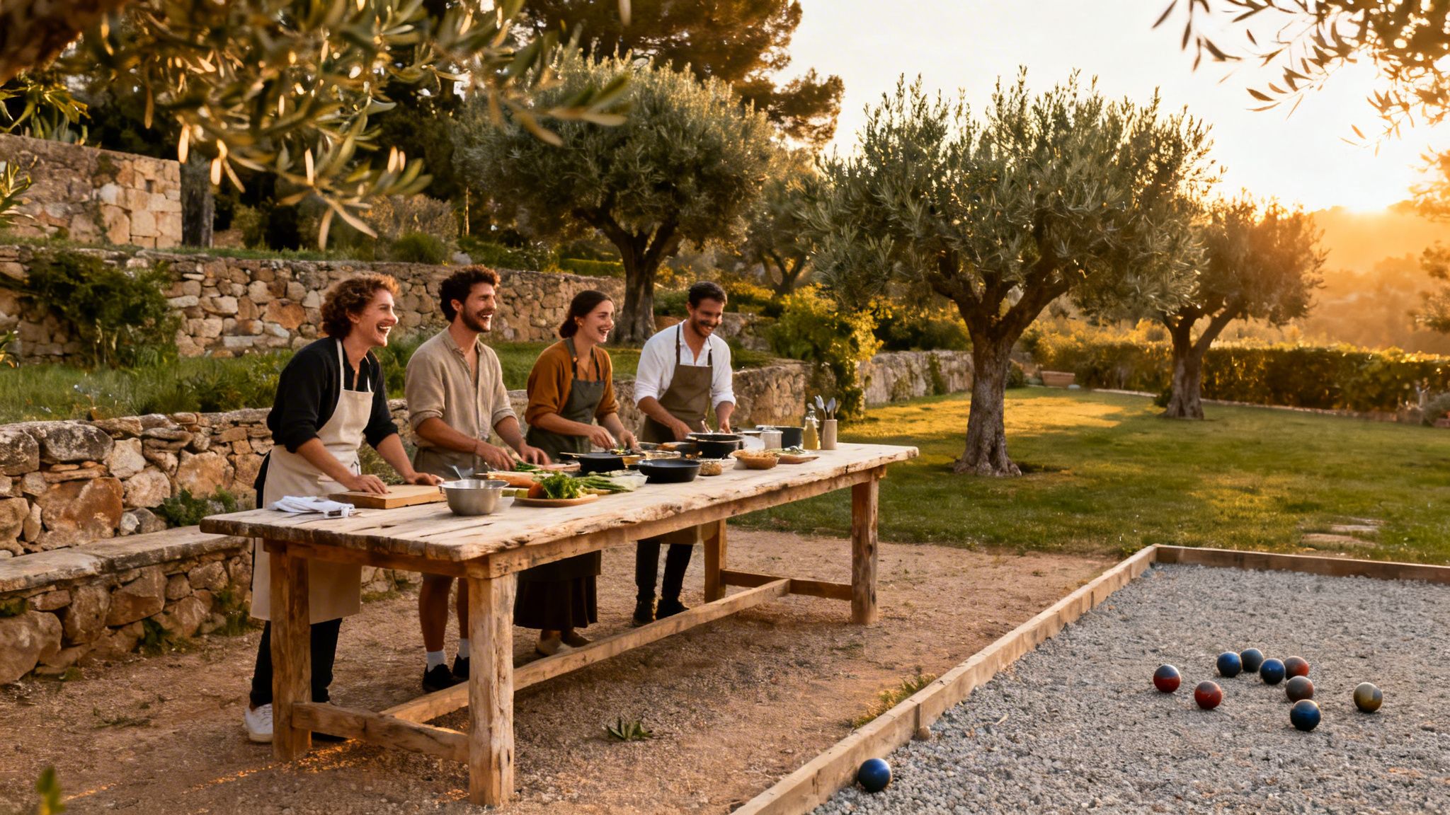 Cuatro amigos sonríen mientras cocinan al aire libre en una mesa de madera, con olivos al atardecer.