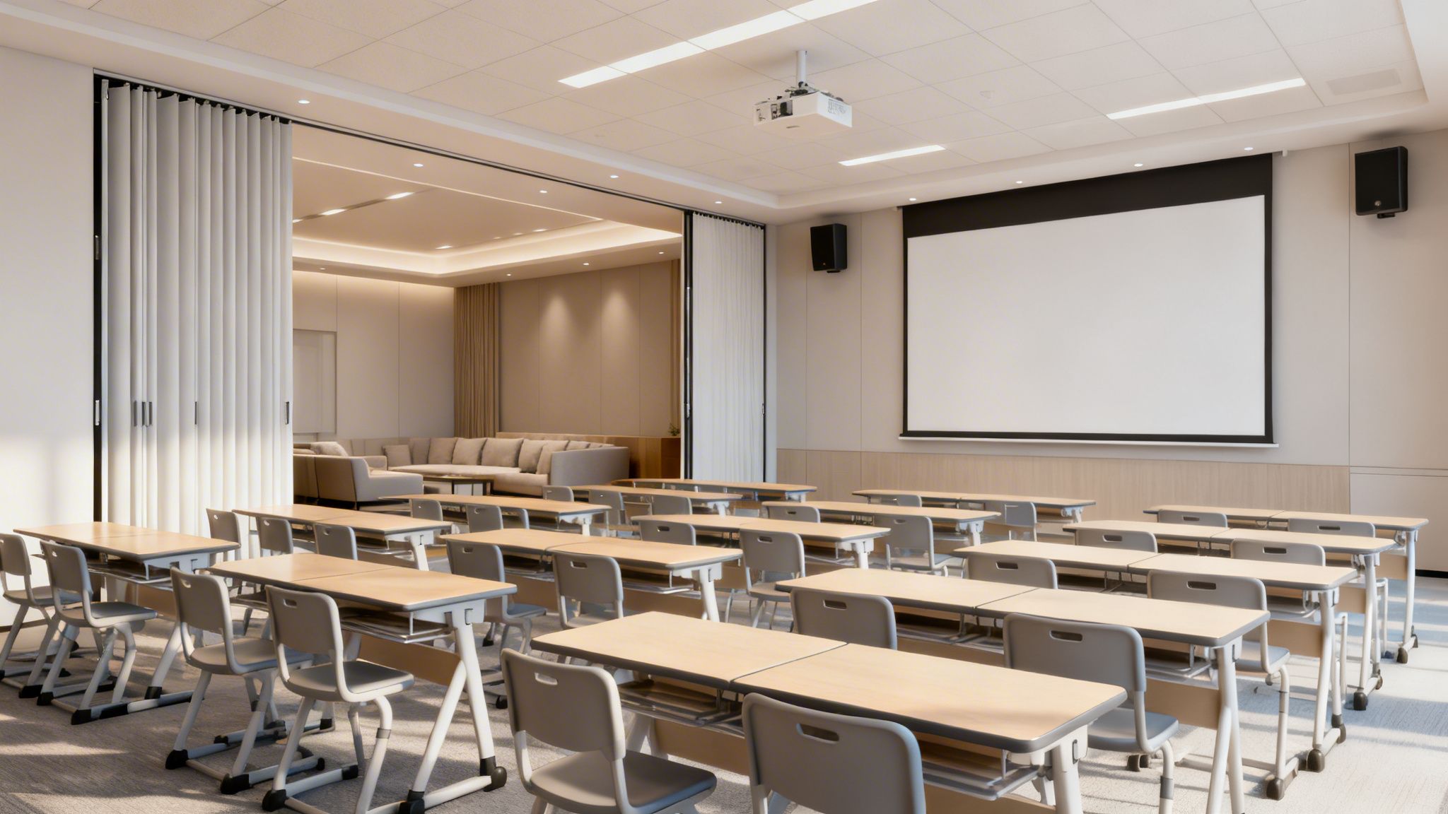 Un aula moderna y bien iluminada con pupitres, proyector, pantalla y un área de descanso contigua.