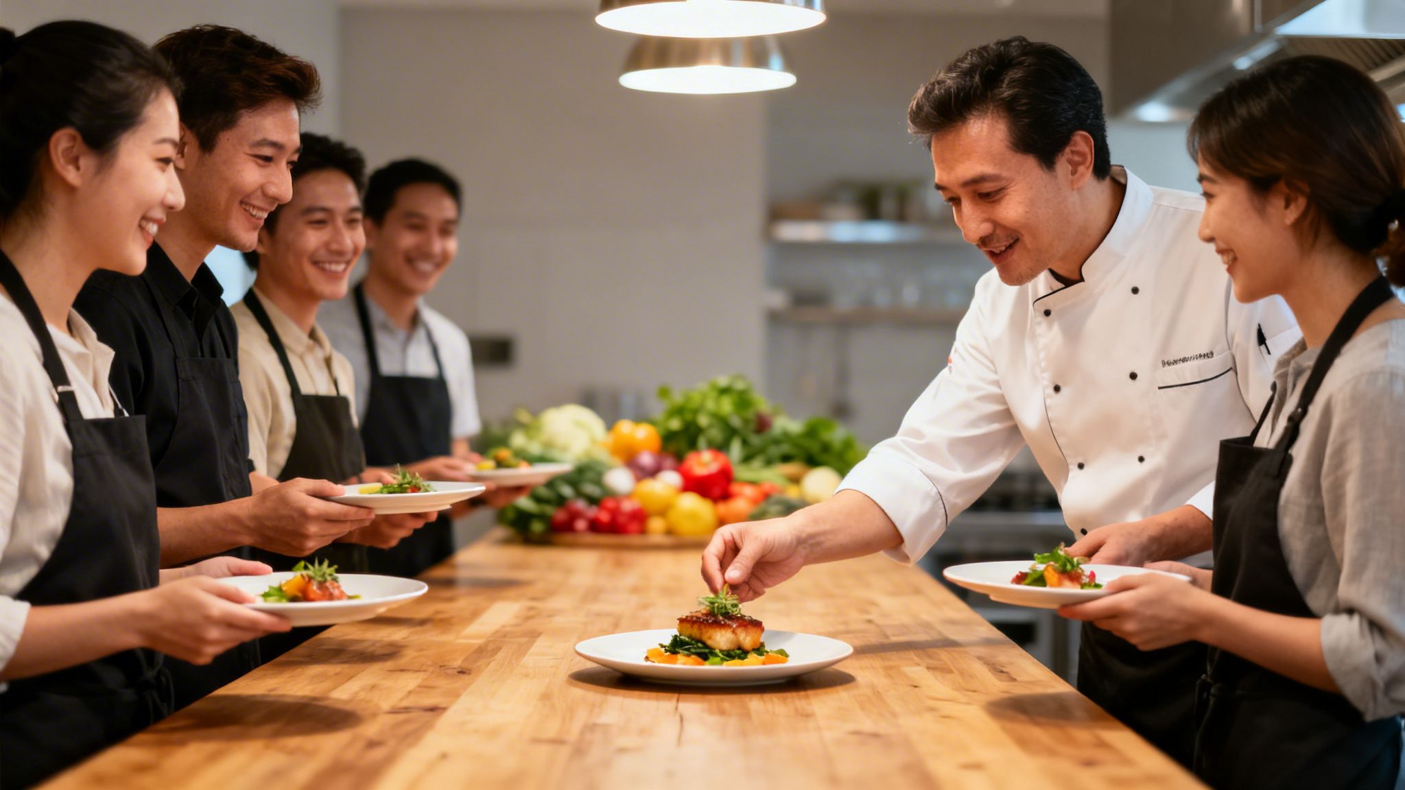 Un chef profesional enseña a un grupo de sonrientes estudiantes a emplatar comida en una clase de cocina.