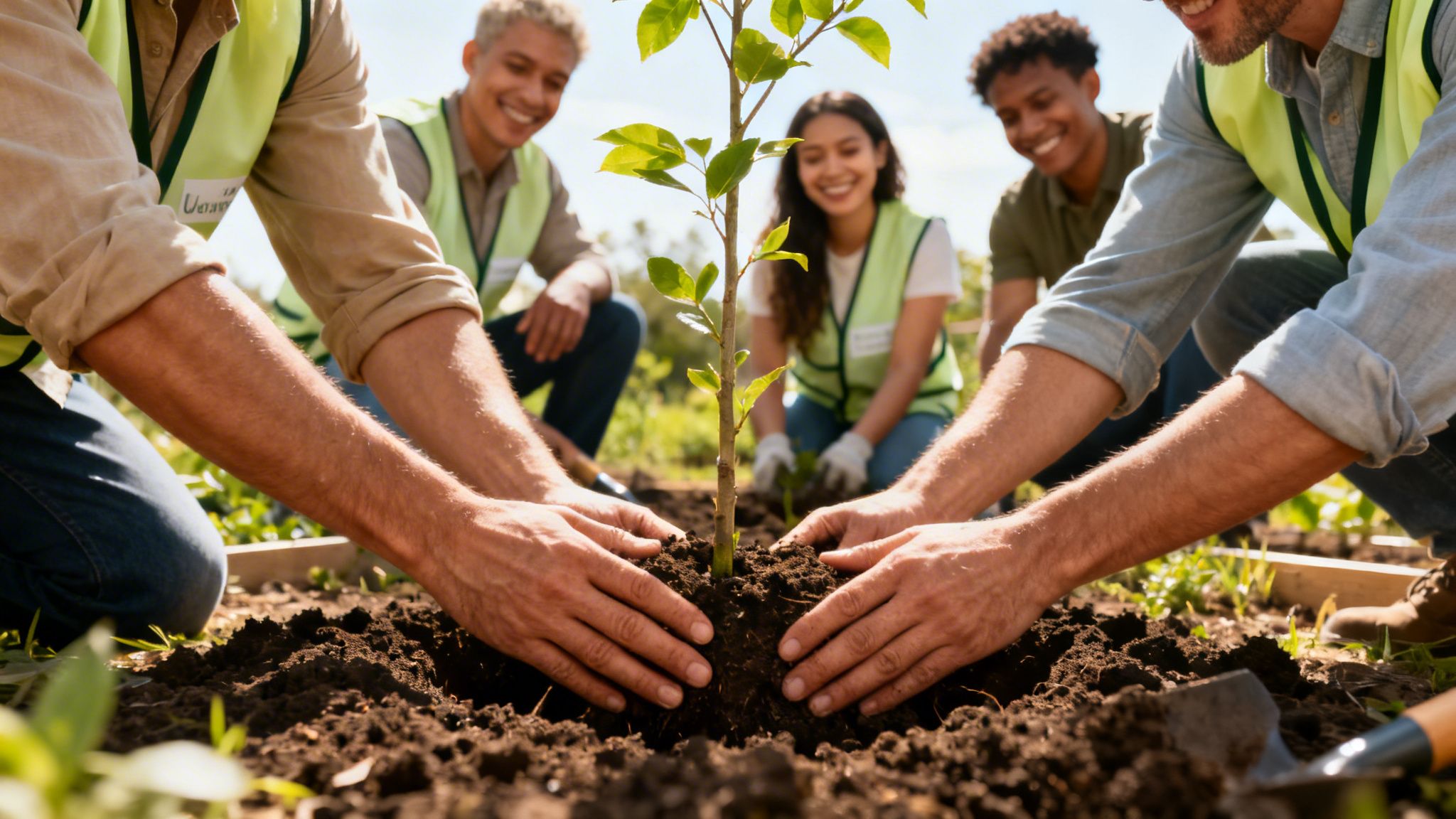 Voluntarios sonrientes plantan un árbol joven, trabajando juntos para mejorar el medio ambiente.