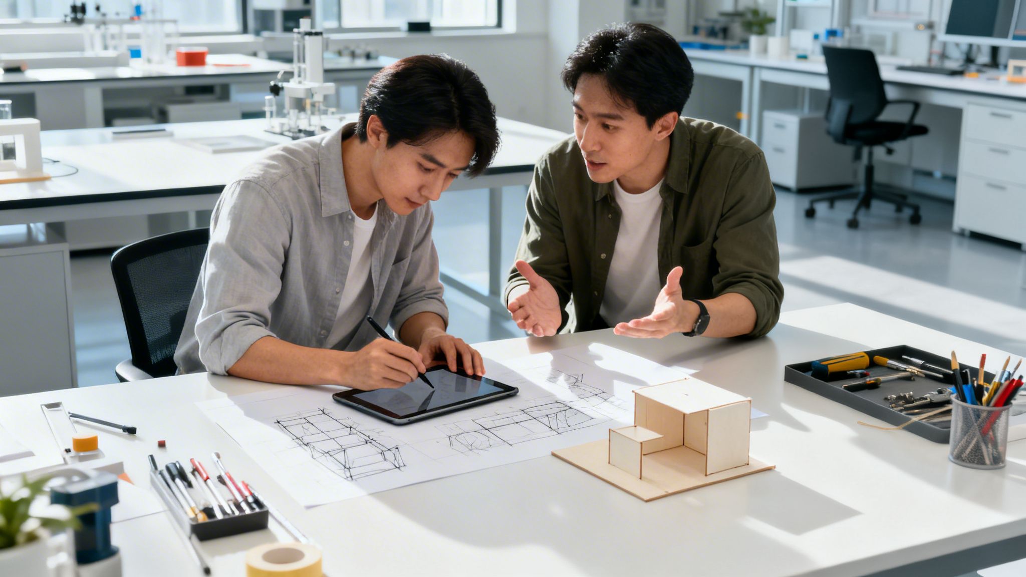 Dos jóvenes ingenieros o arquitectos colaboran en un diseño, uno dibuja en una tablet y el otro explica ideas.