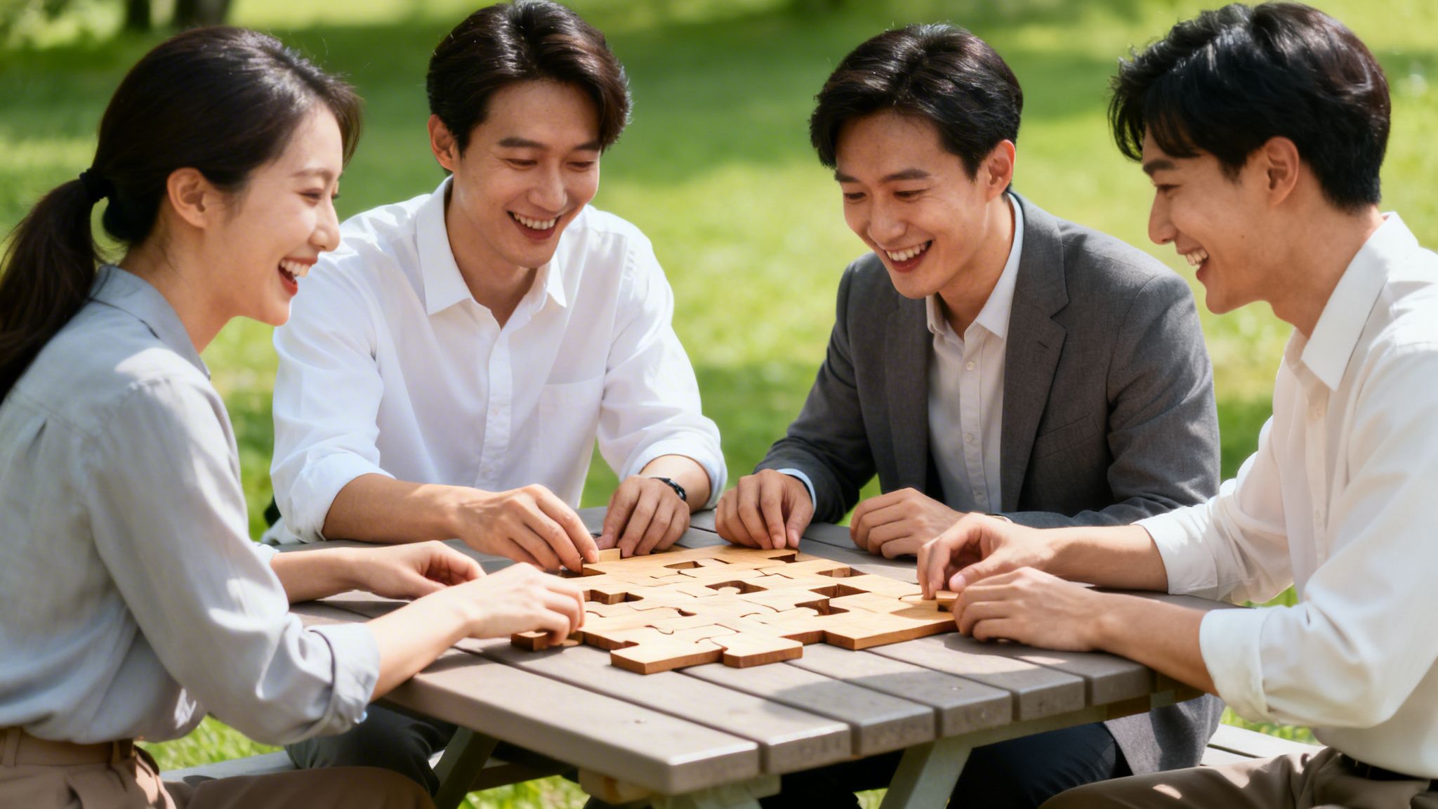 Cuatro personas sonrientes colaboran en un rompecabezas de madera al aire libre en un día soleado.
