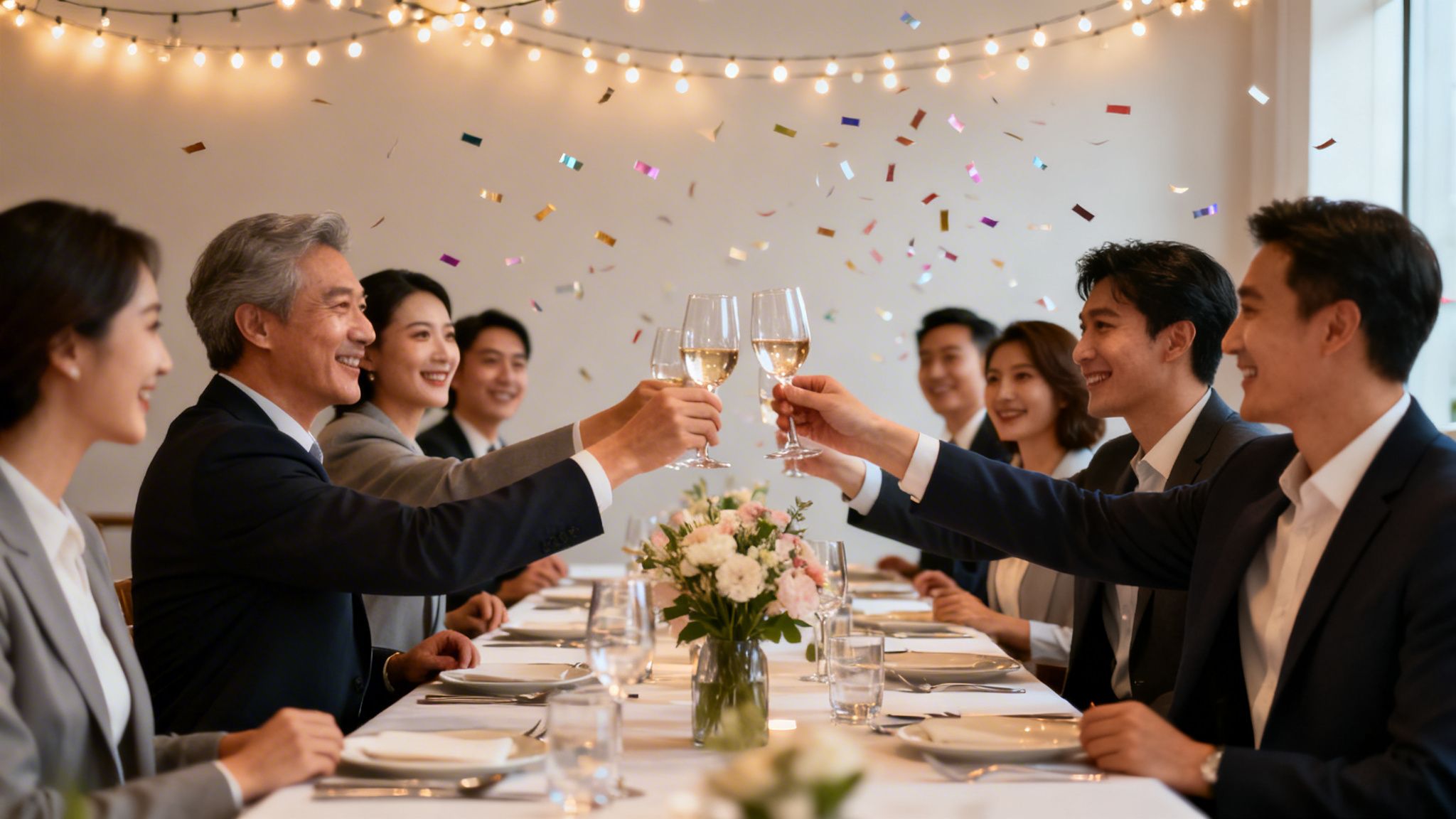Grupo de profesionales sonrientes brindando con copas de vino en una cena de empresa con confeti.