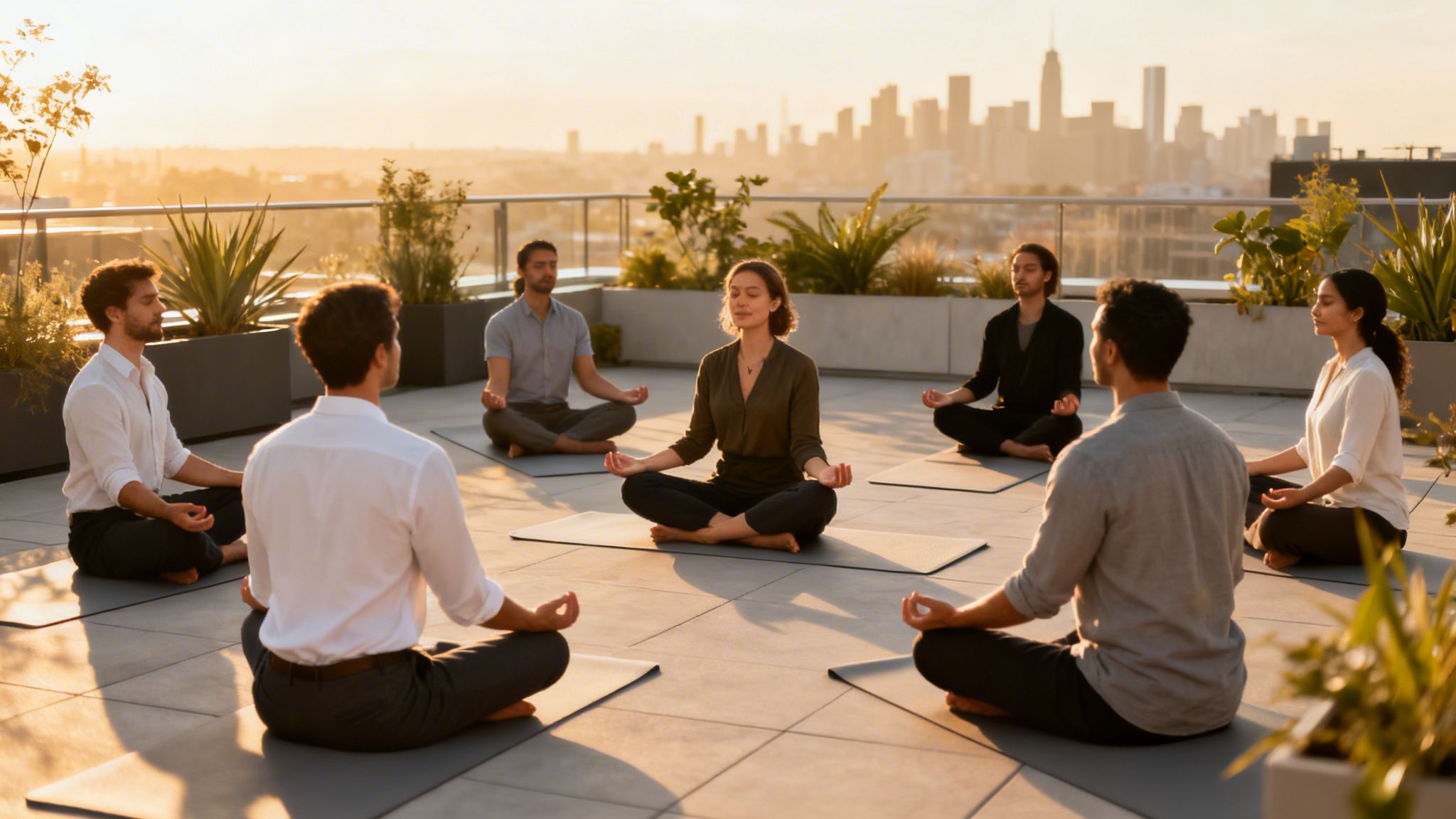 Grupo de profesionales meditando al atardecer en una azotea con vista a la ciudad, promoviendo el bienestar.