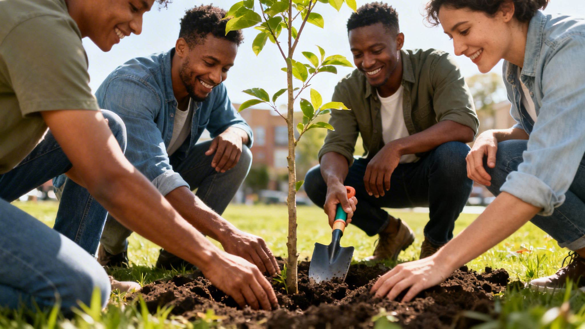 Cuatro jóvenes diversos sonríen mientras plantan un árbol juntos en un día soleado, trabajando la tierra.