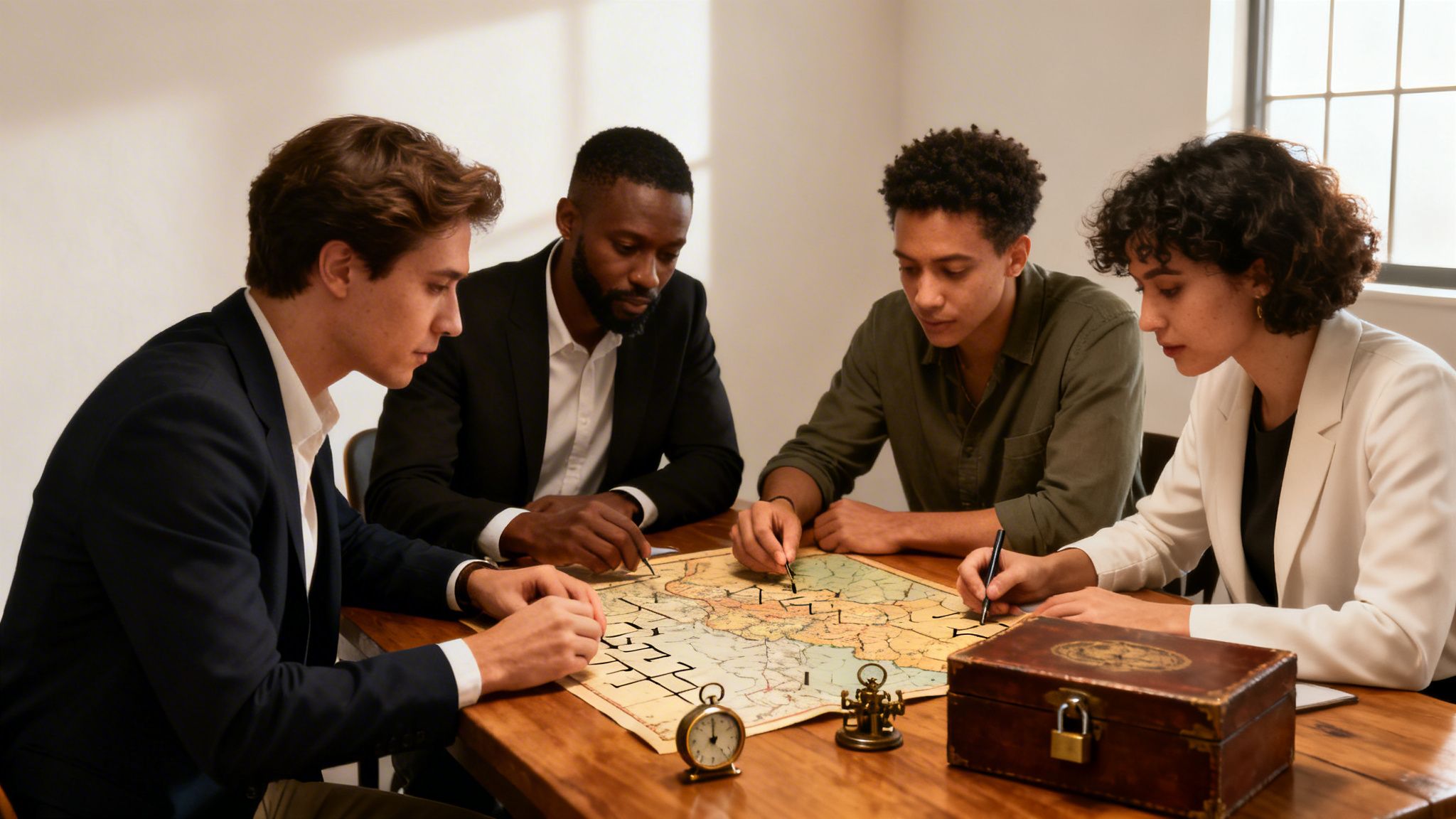 Cuatro personas diversas en una mesa de madera interactuando con un mapa y objetos antiguos.