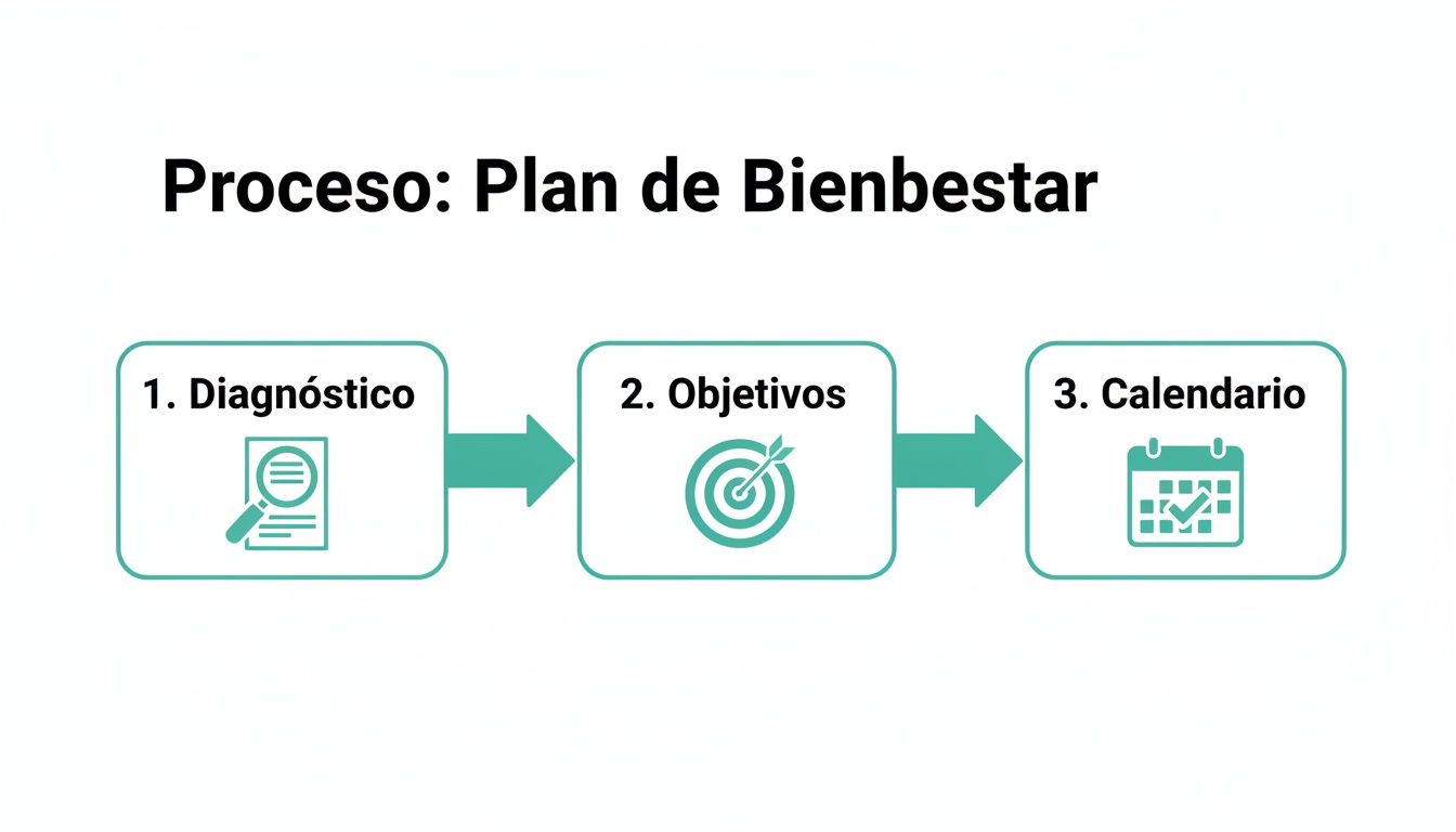 Diagrama de flujo del proceso de un plan de bienestar con tres etapas: diagnóstico, objetivos y calendario.