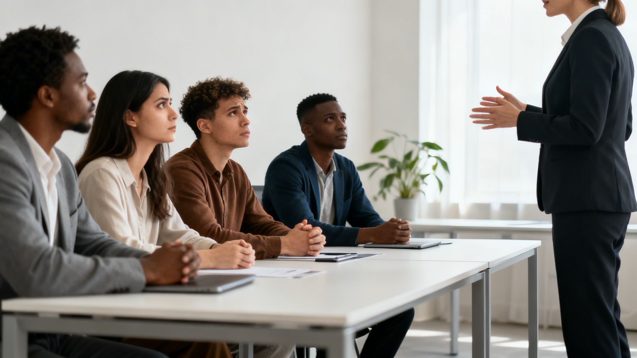 Grupo diverso de profesionales en una reunión de negocios, escuchando atentamente a una presentadora de pie.