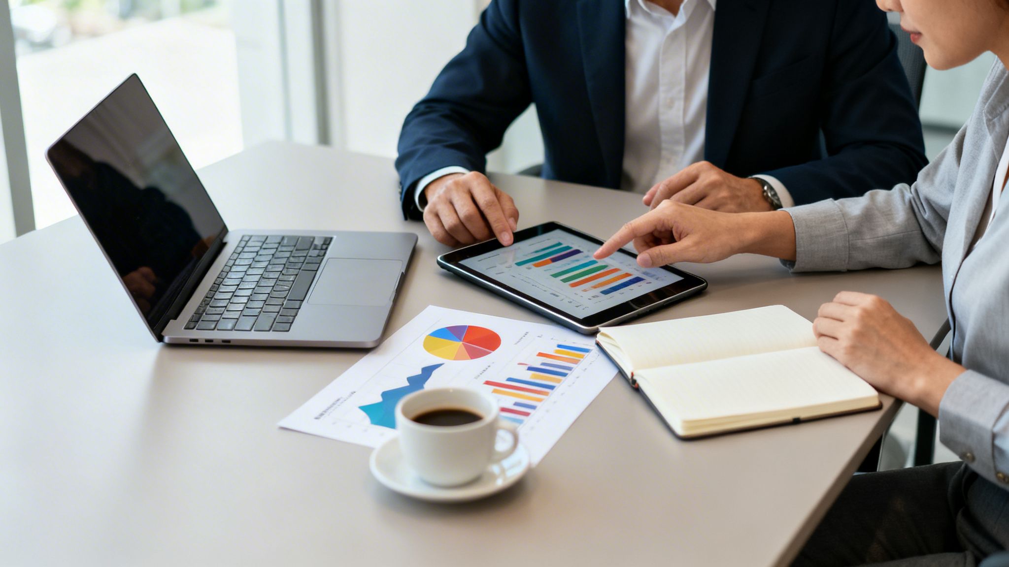 Dos profesionales de negocios revisan datos y gráficos en una tableta durante una reunión en la oficina.