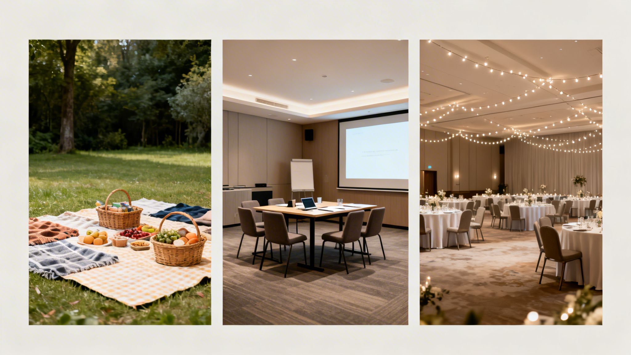 Tres configuraciones de eventos: un picnic en la naturaleza, una sala de reuniones moderna y un elegante salón de banquetes.