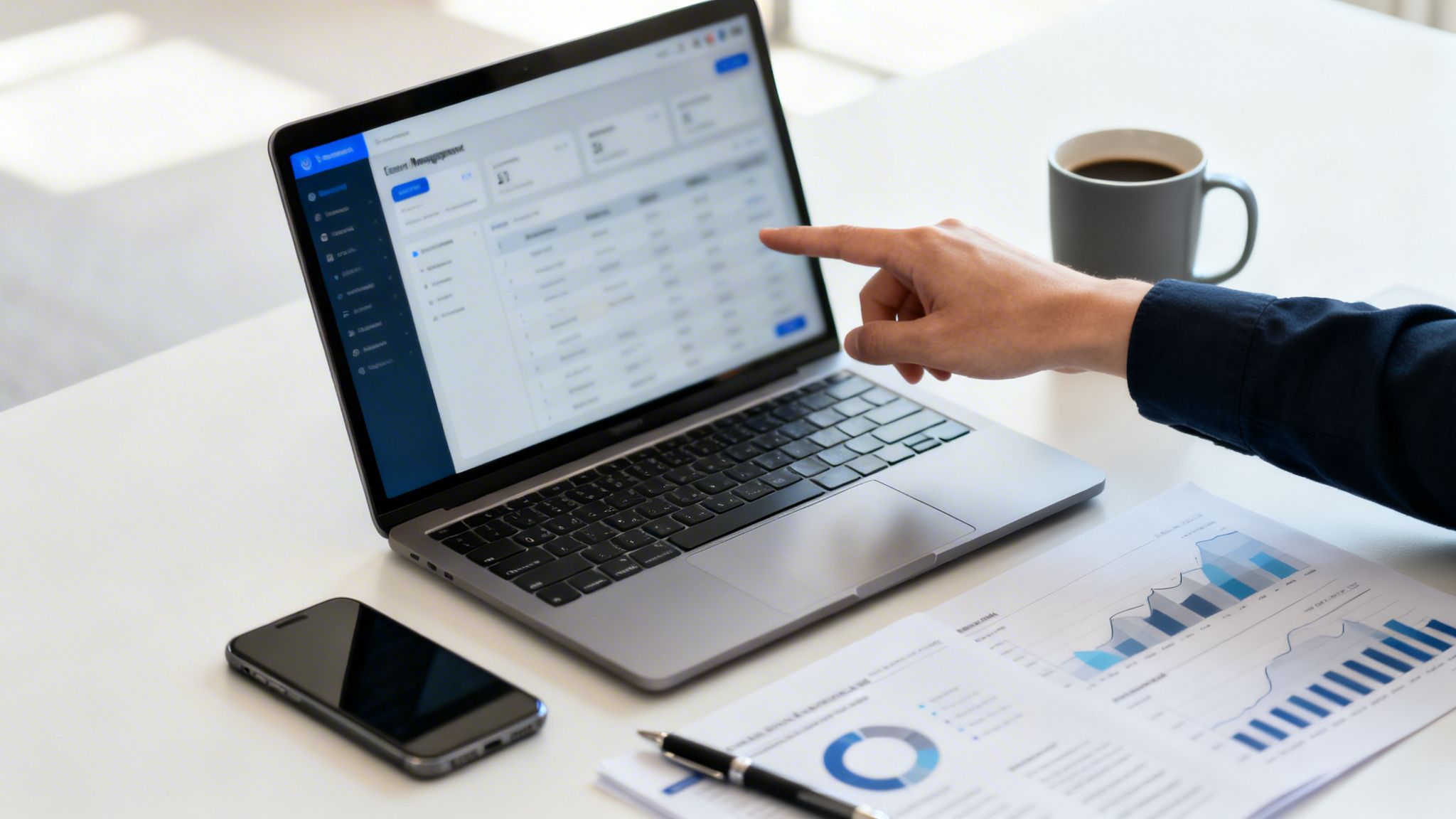 Persona trabajando en laptop, señalando la pantalla con datos y gráficos. Documentos financieros, teléfono y café en escritorio blanco.