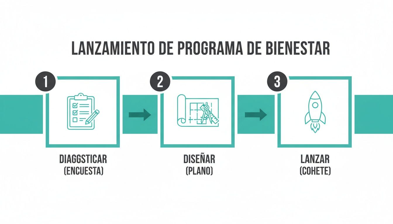 Diagrama de 3 pasos para lanzar un programa de bienestar: diagnosticar (encuesta), diseñar (plano) y lanzar (cohete).