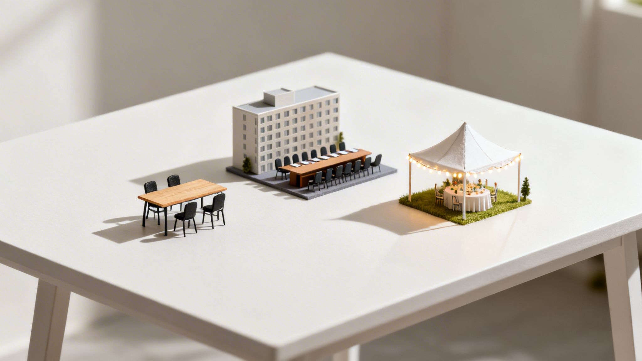 Miniaturas de diferentes escenarios para eventos, incluyendo una mesa de comedor, una sala de juntas y una carpa festiva.