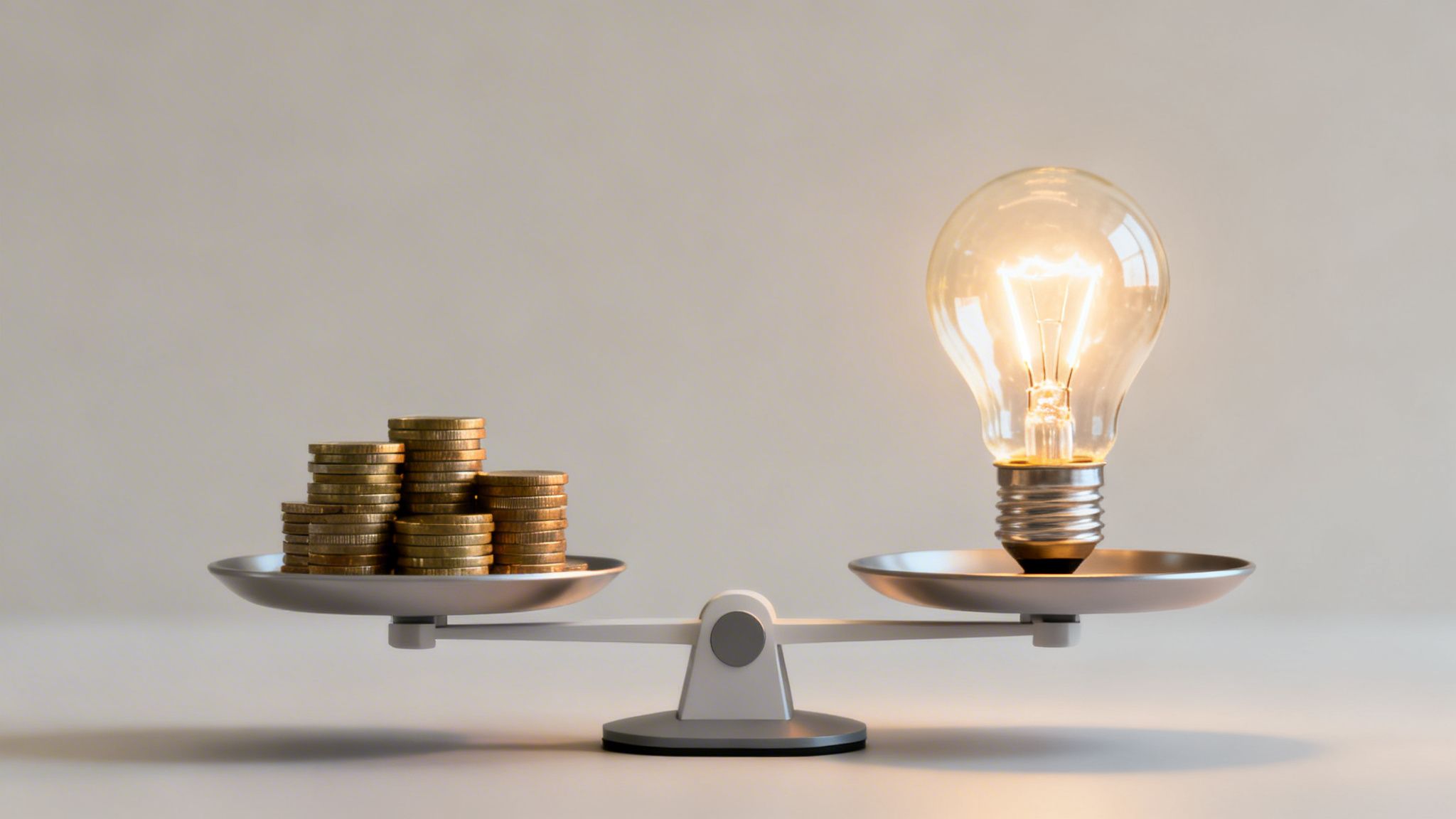 Una balanza equilibrada compara el valor de las monedas de oro con una bombilla encendida.