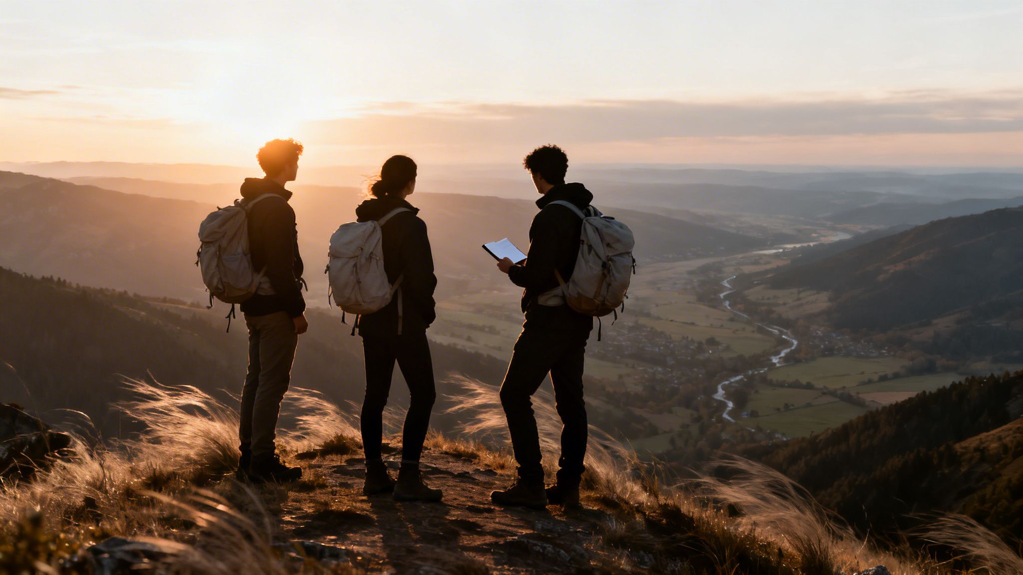 Tres excursionistas con mochilas disfrutan de una vista panorámica al atardecer en la cima de una montaña, con uno mirando un mapa.