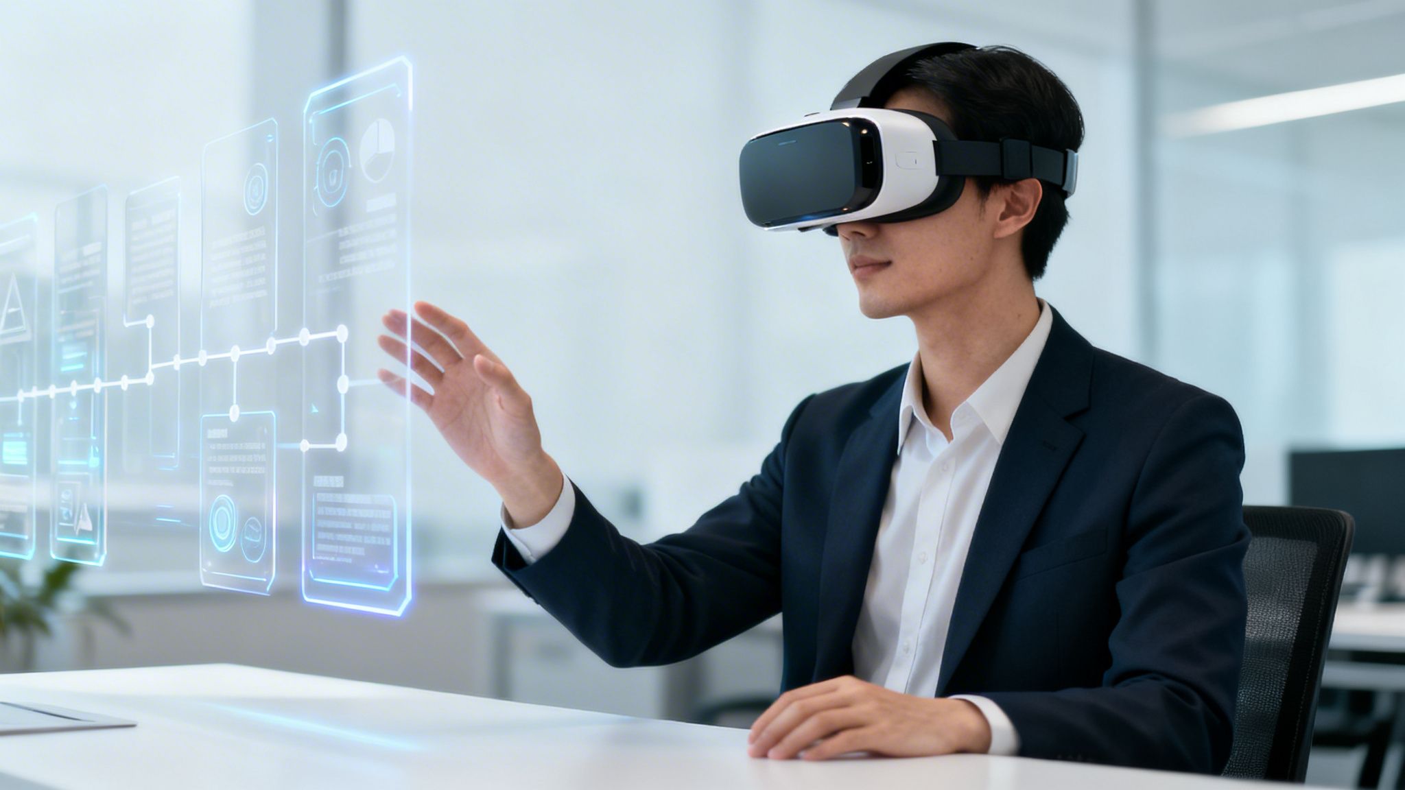 Hombre interactuando con realidad virtual y datos holográficos en una oficina moderna.
