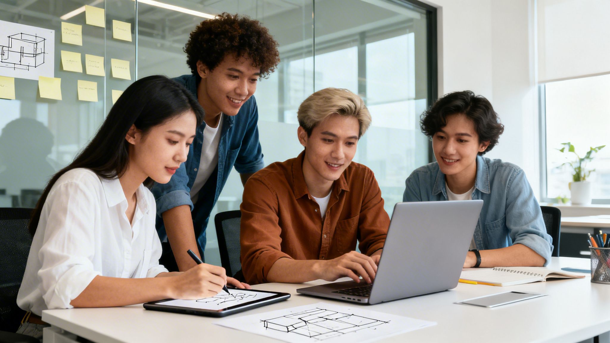 Cuatro jóvenes profesionales asiáticos colaboran sonriendo en un diseño arquitectónico en una oficina moderna.