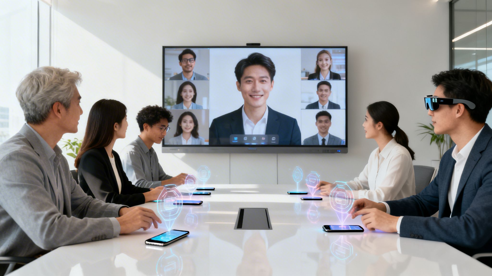Reunión de negocios moderna con videollamada y tecnología interactiva, incluyendo realidad aumentada y proyecciones holográficas.