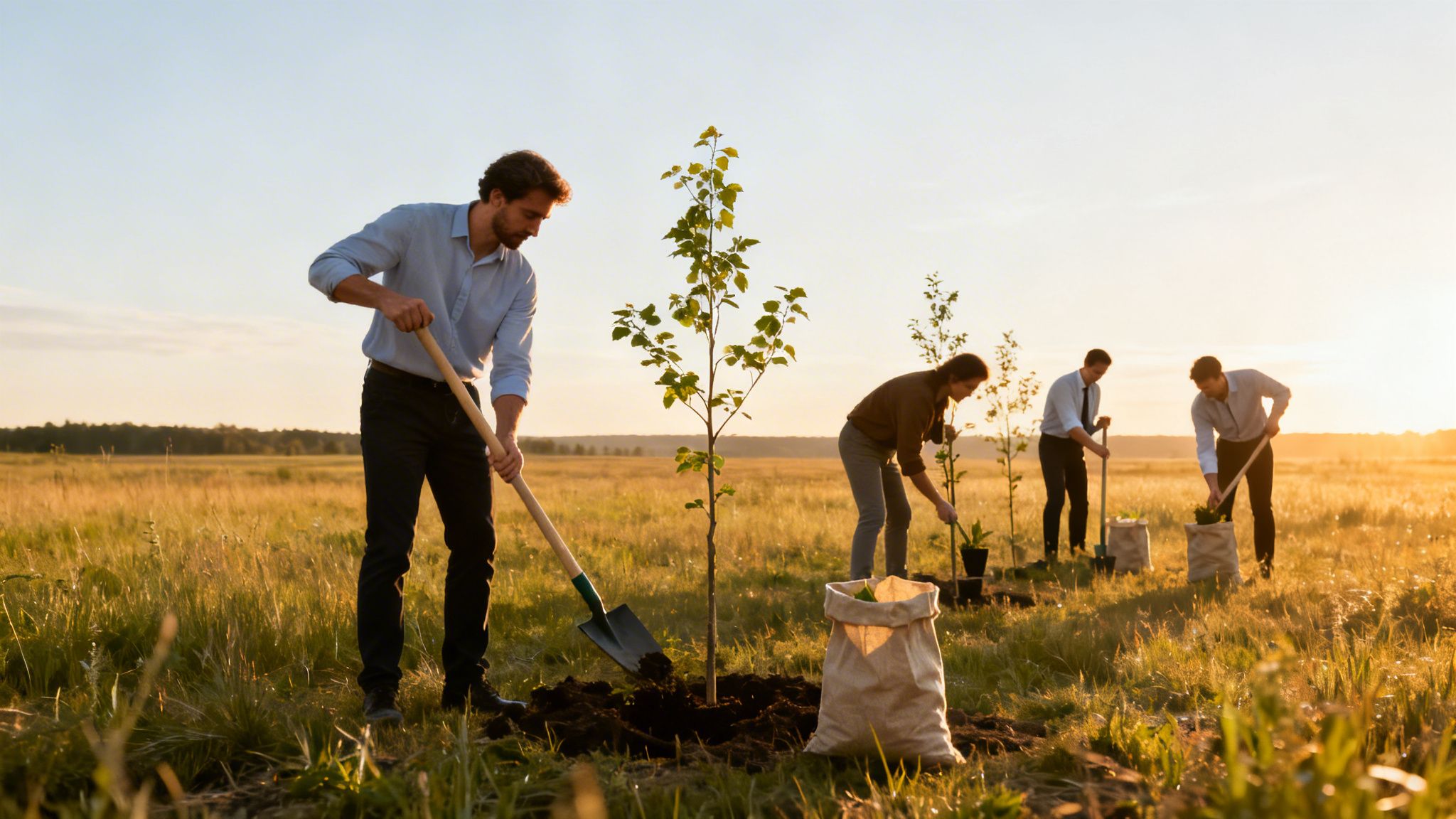 Grupo de personas plantando árboles jóvenes en un campo al atardecer, creando un nuevo bosque.