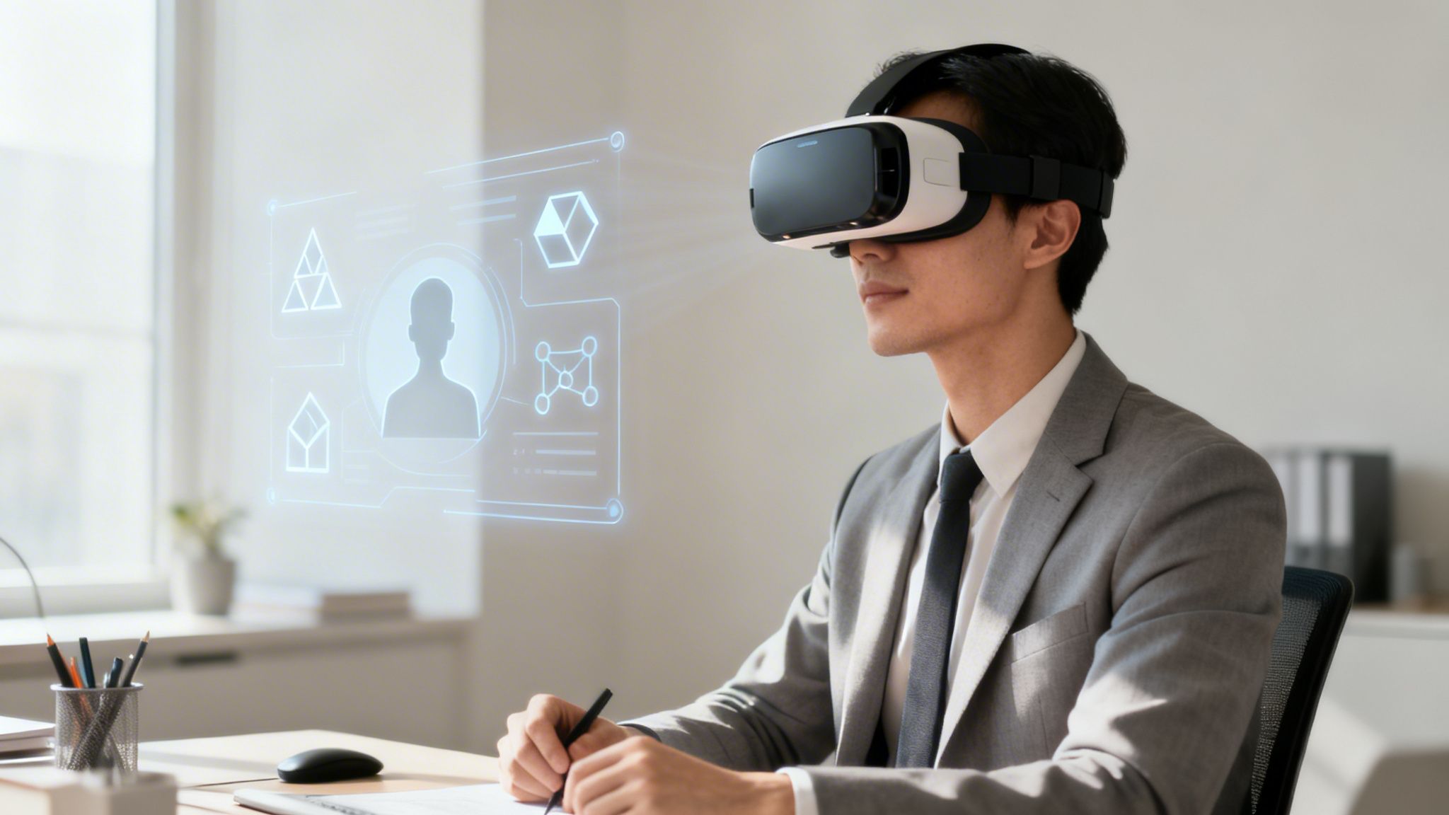 Hombre de negocios asiático con gafas de realidad virtual interactúa con una interfaz holográfica en la oficina.