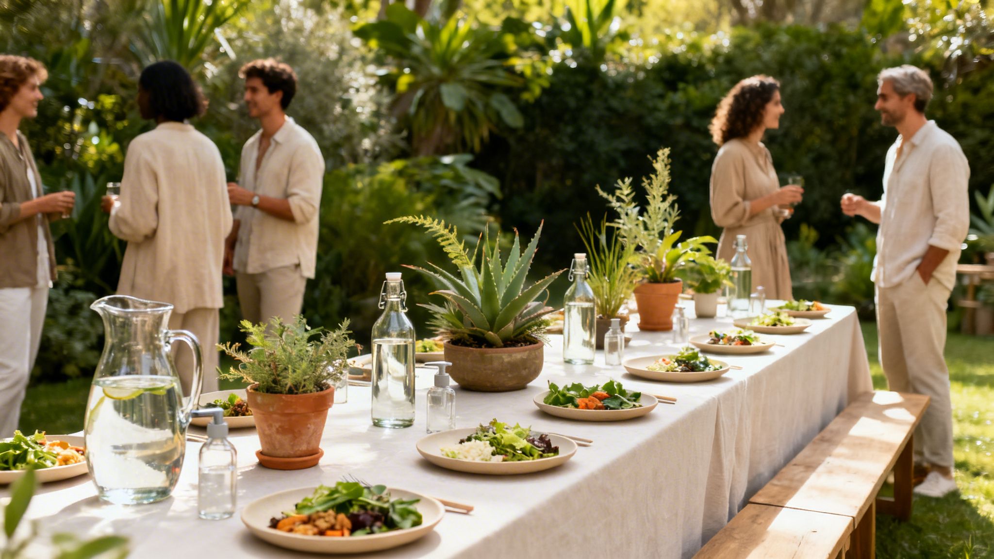 Grupo de amigos disfrutando de una cena al aire libre en un jardín verde y frondoso, con una mesa decorada con plantas y comida.