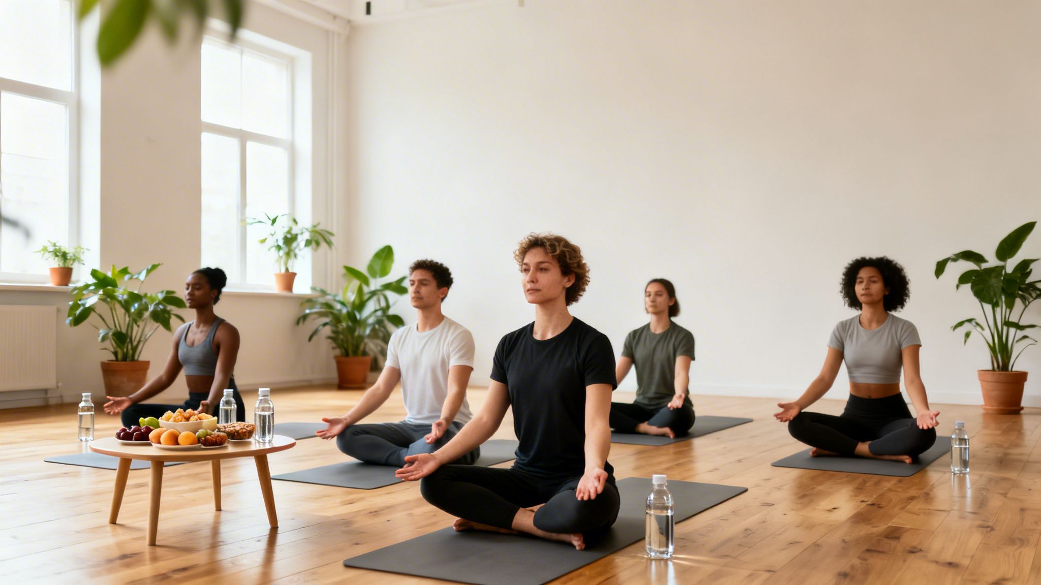 Cinco personas diversas meditando tranquilamente en un estudio de yoga moderno y luminoso, promoviendo bienestar.