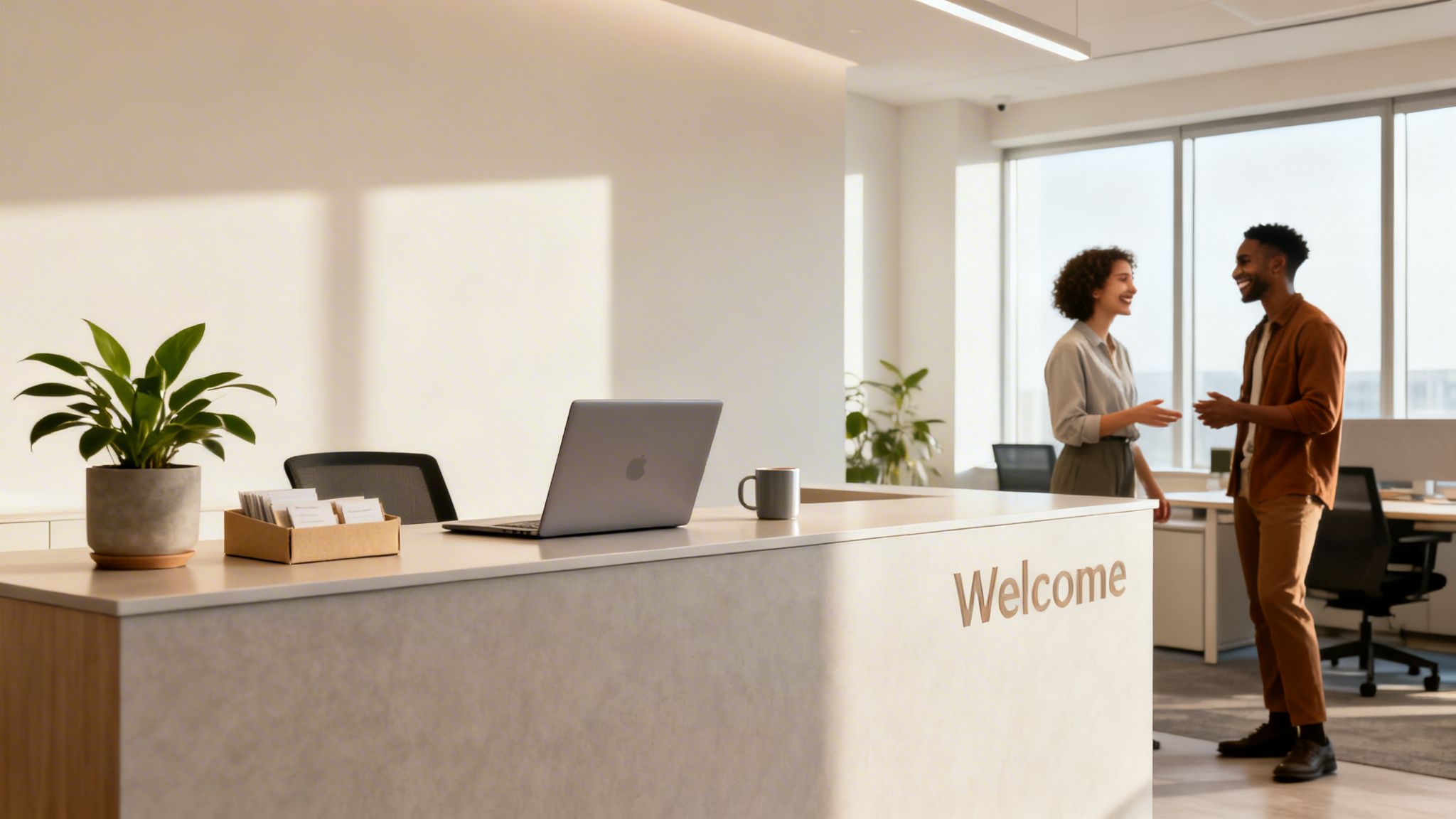 Una oficina moderna con un mostrador de bienvenida, una planta, un portátil y dos personas sonriendo y hablando.
