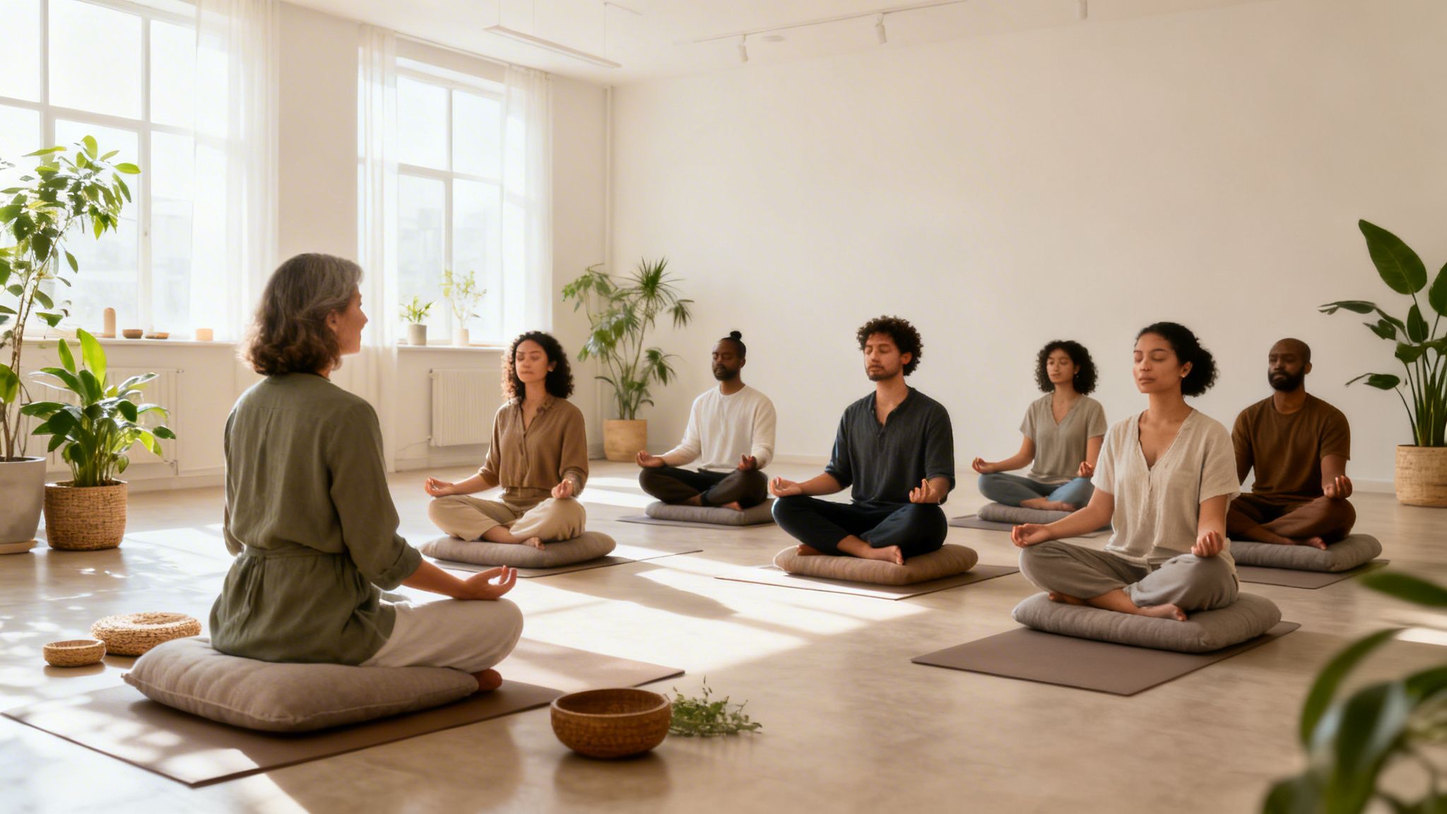 Un grupo diverso de personas meditando en posición de loto en un estudio luminoso de yoga.