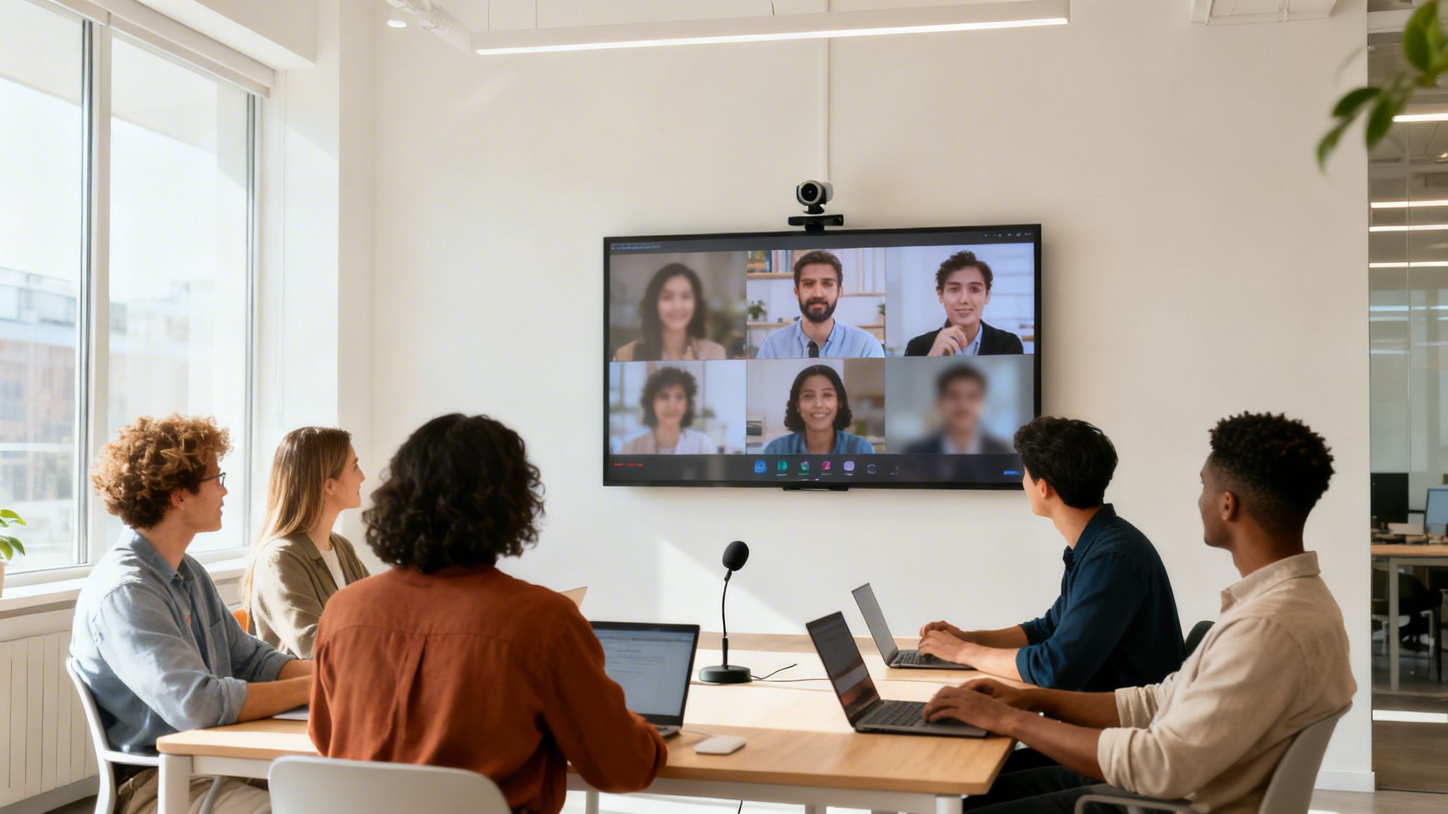 Un grupo diverso de profesionales en una sala de reuniones, participando en una videoconferencia en una pantalla grande.