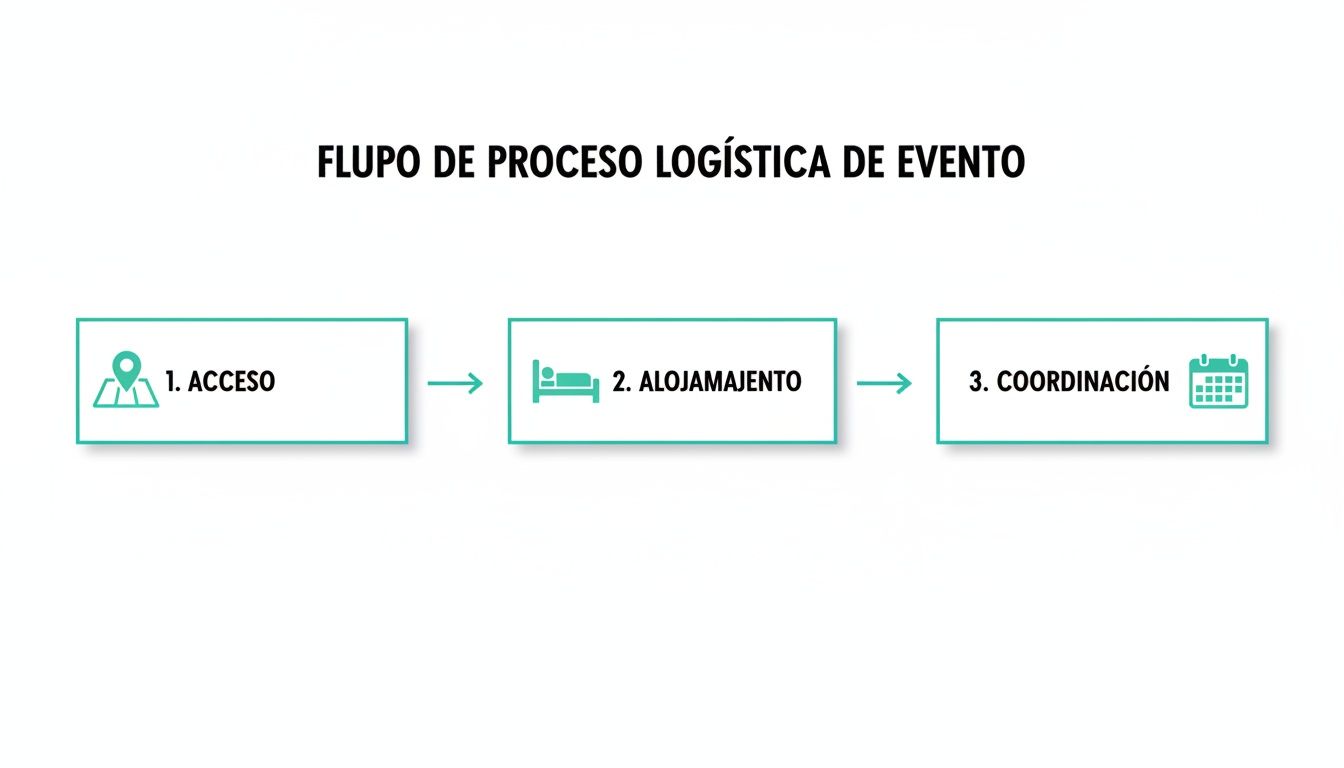 Diagrama de flujo que muestra el proceso logístico de un evento en tres etapas: Acceso, Alojamiento y Coordinación.