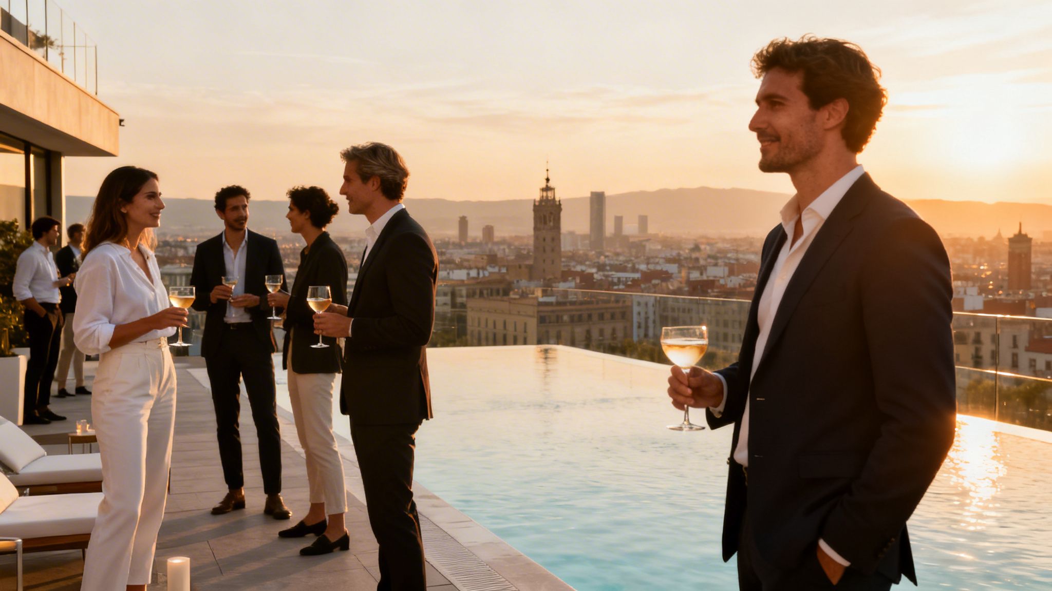 Gente elegante disfrutando de una fiesta en la azotea con piscina, vistas a la ciudad al atardecer.