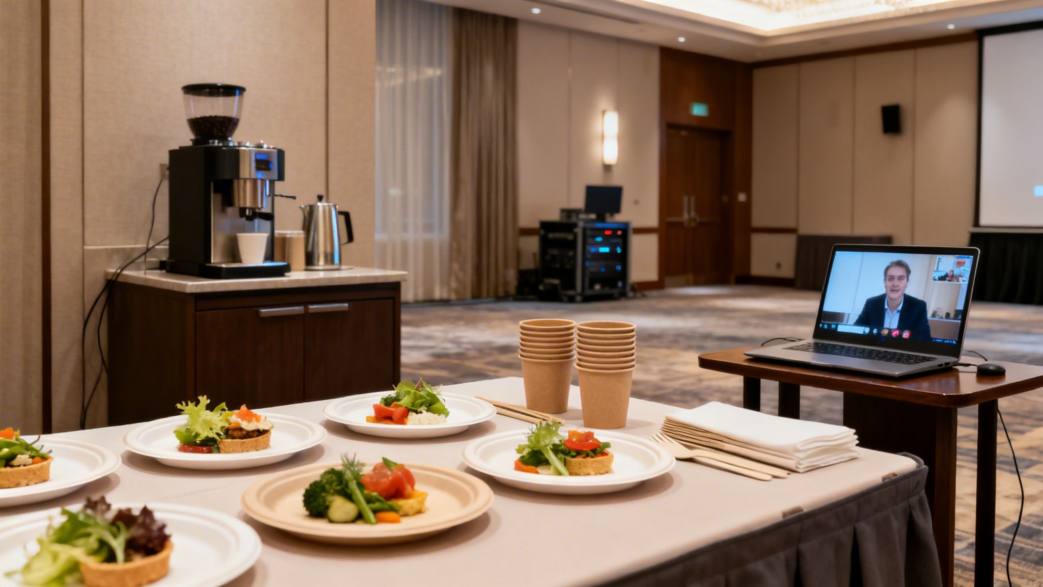 Sala de conferencias de hotel con estación de café, aperitivos y una videollamada en un portátil.