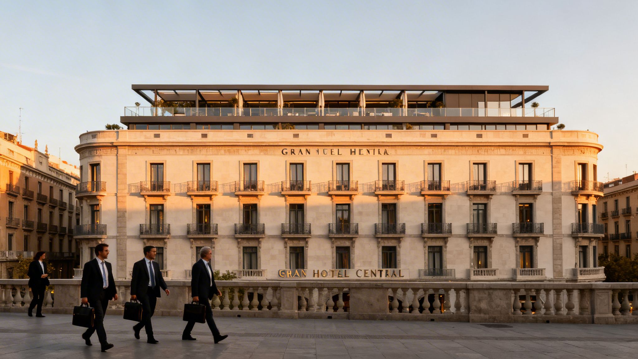 Fachada del Gran Hotel Central iluminada por el sol, con gente de negocios caminando en la calle.