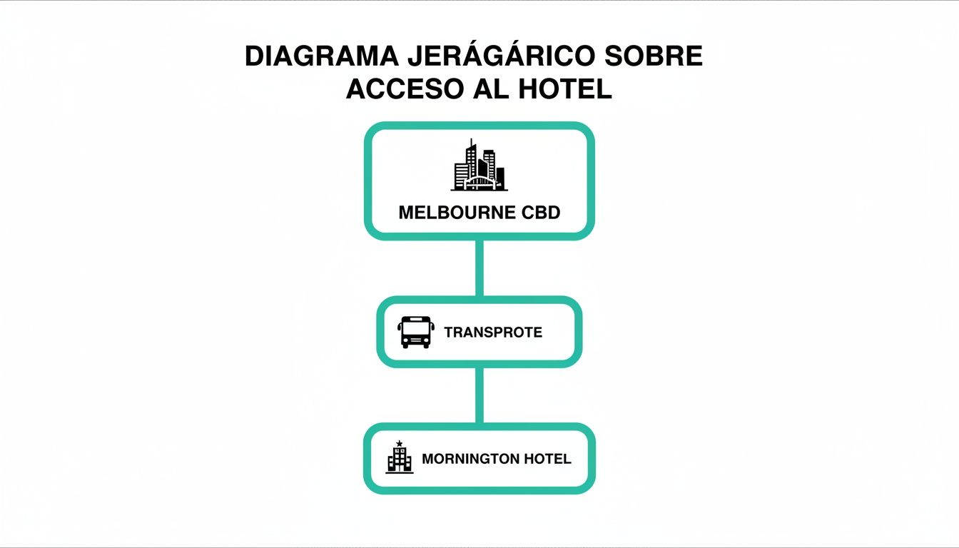 Diagrama jerárquico que ilustra el acceso al Hotel Mornington desde Melbourne CBD mediante transporte.