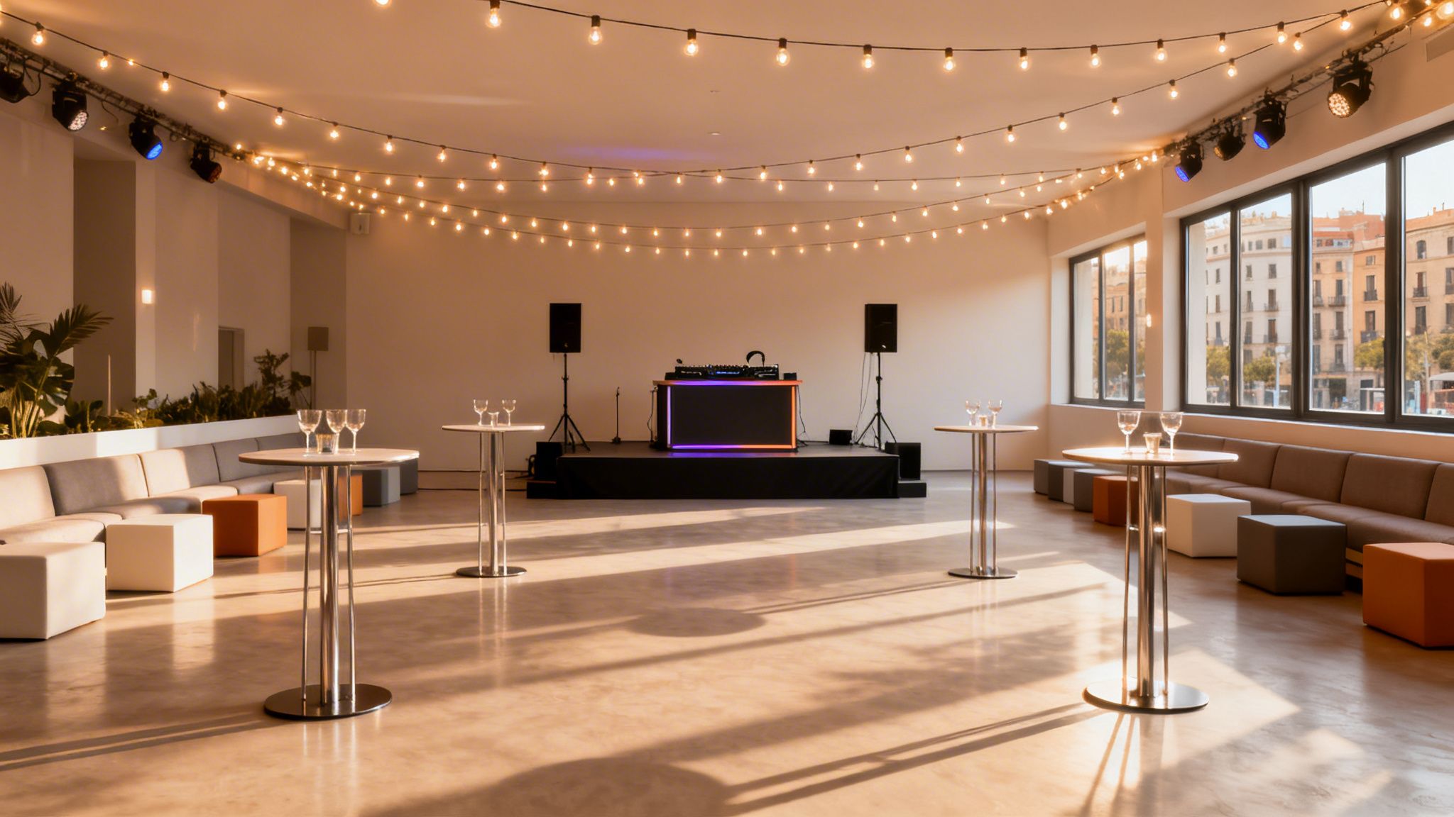 Amplia sala de eventos con luces, DJ, mesas altas y sofás para un ambiente festivo.