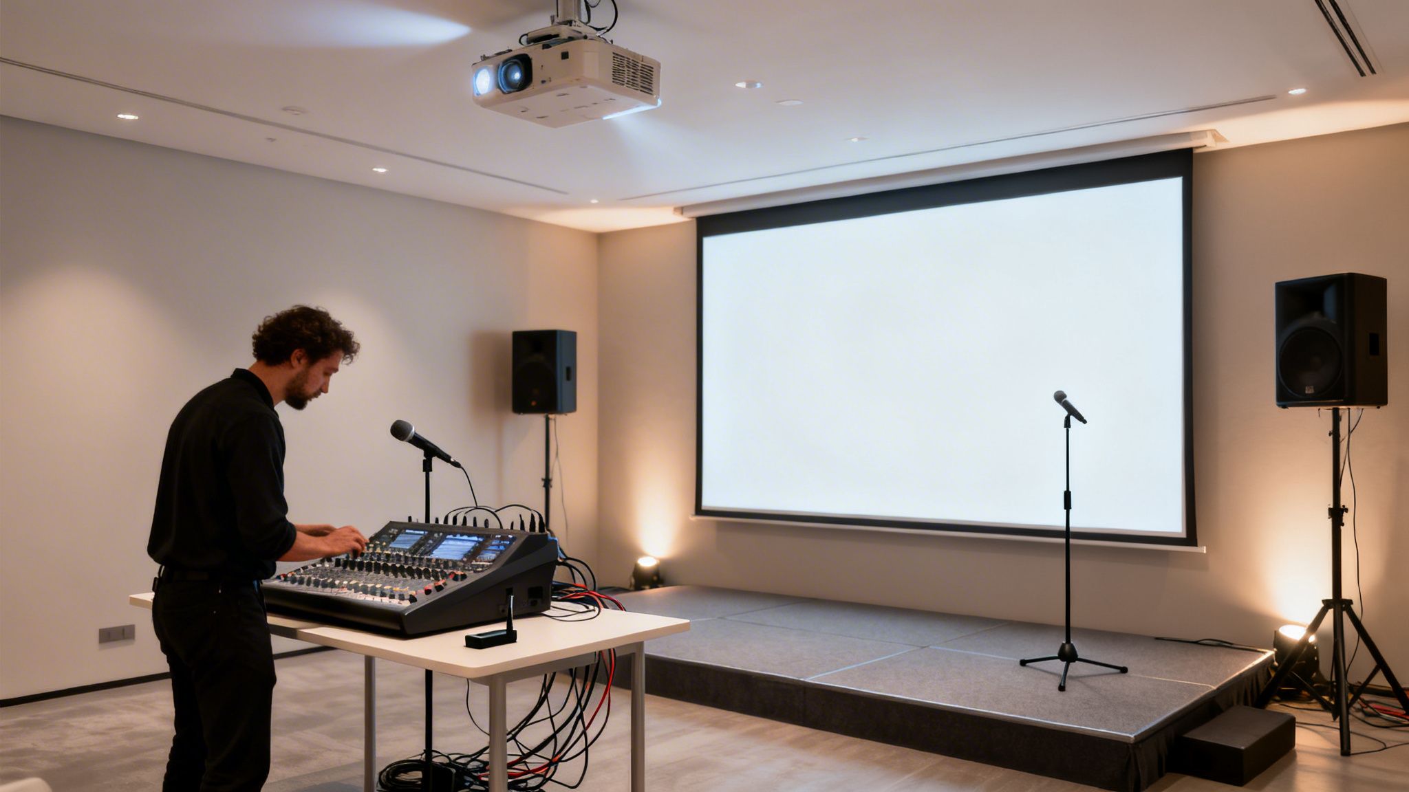 Hombre ajustando una mesa de mezclas de sonido en una sala de eventos con proyector y escenario.